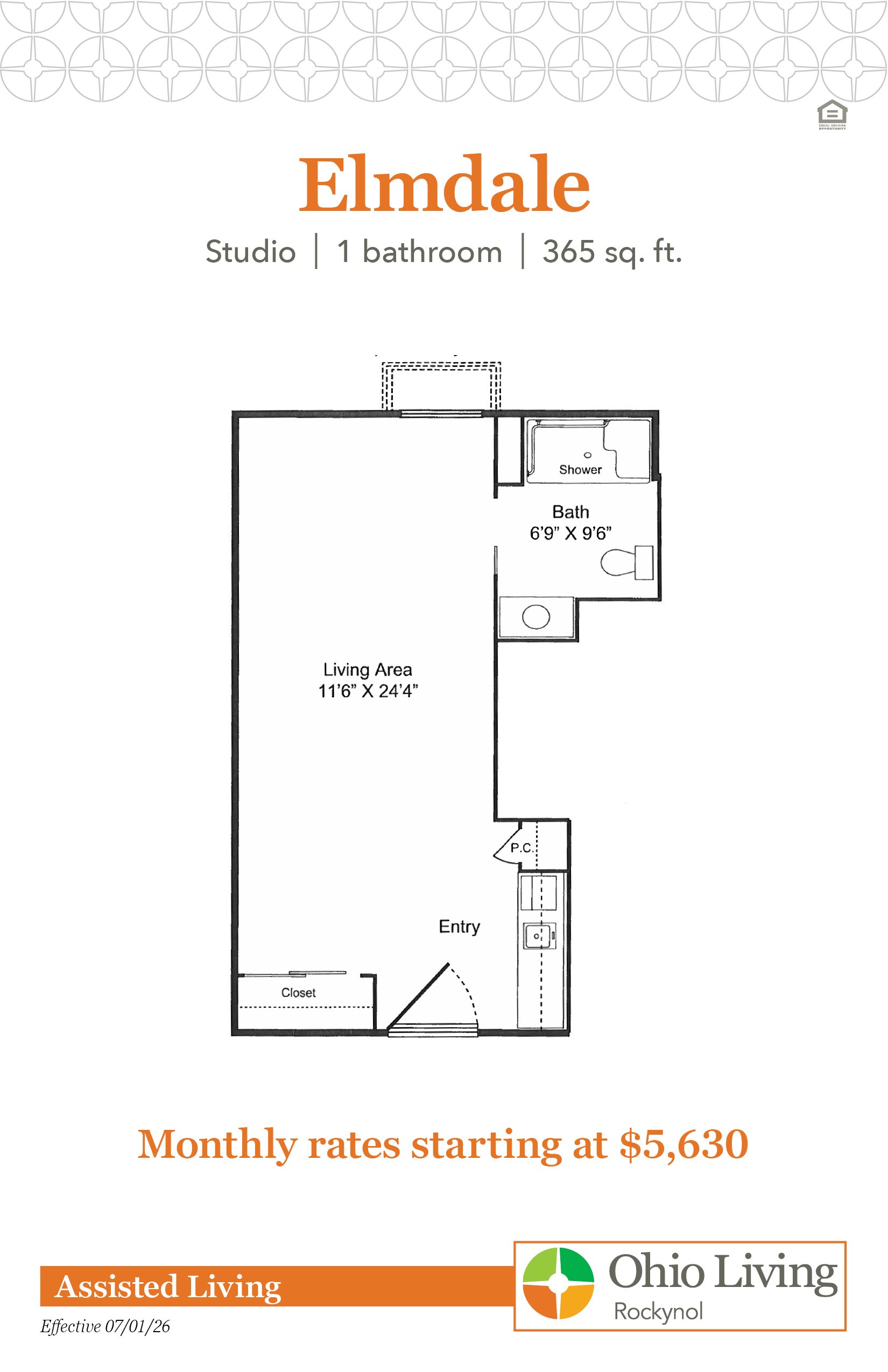 Elmdale floor plan: Studio, 1-bath apartment (365 sq. ft.) with an open living/sleeping area, kitchenette, accessible bathroom, and closet. Monthly rates starting at $5,630.