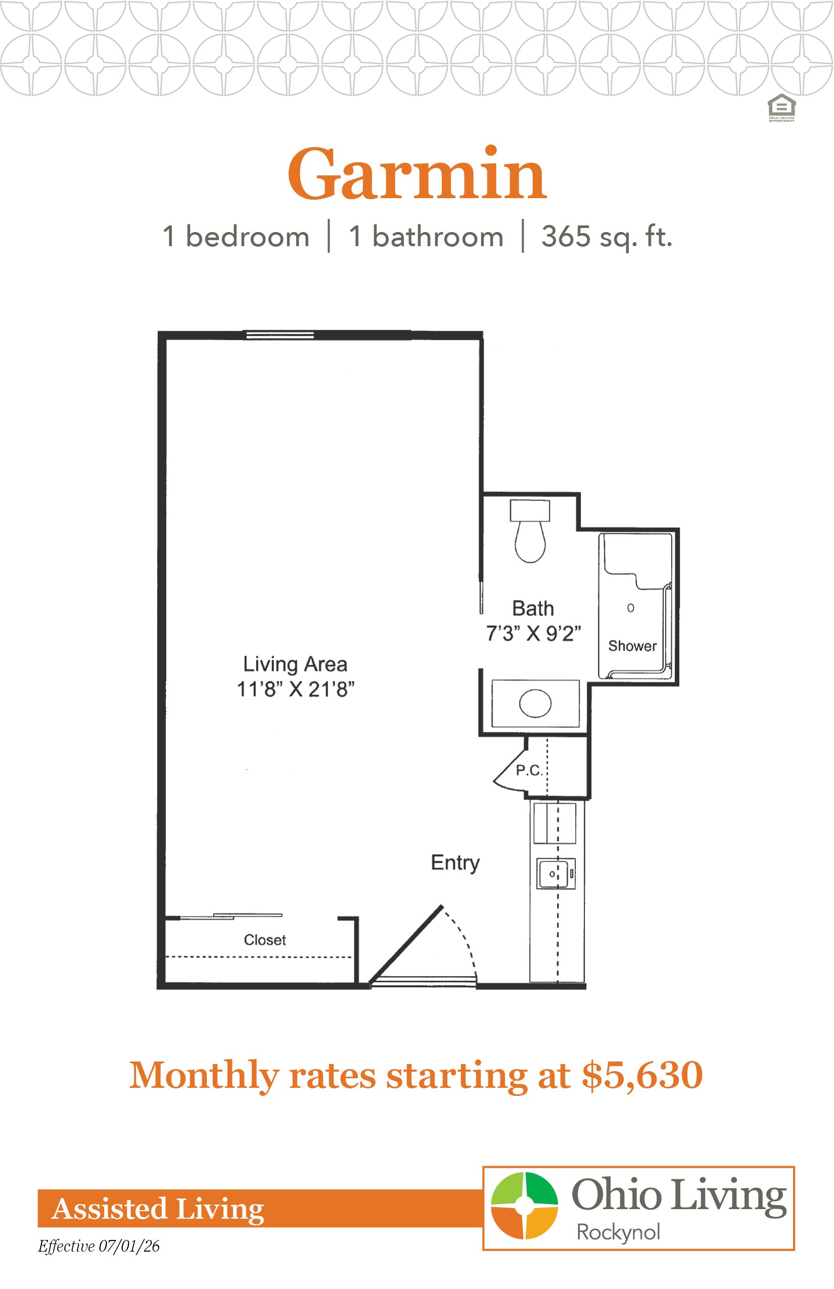 Garmin floor plan: One-bedroom, 1-bath apartment (365 sq. ft.) with a private bedroom, living area, kitchenette, accessible bathroom, and closet. Monthly rates starting at $5,630.