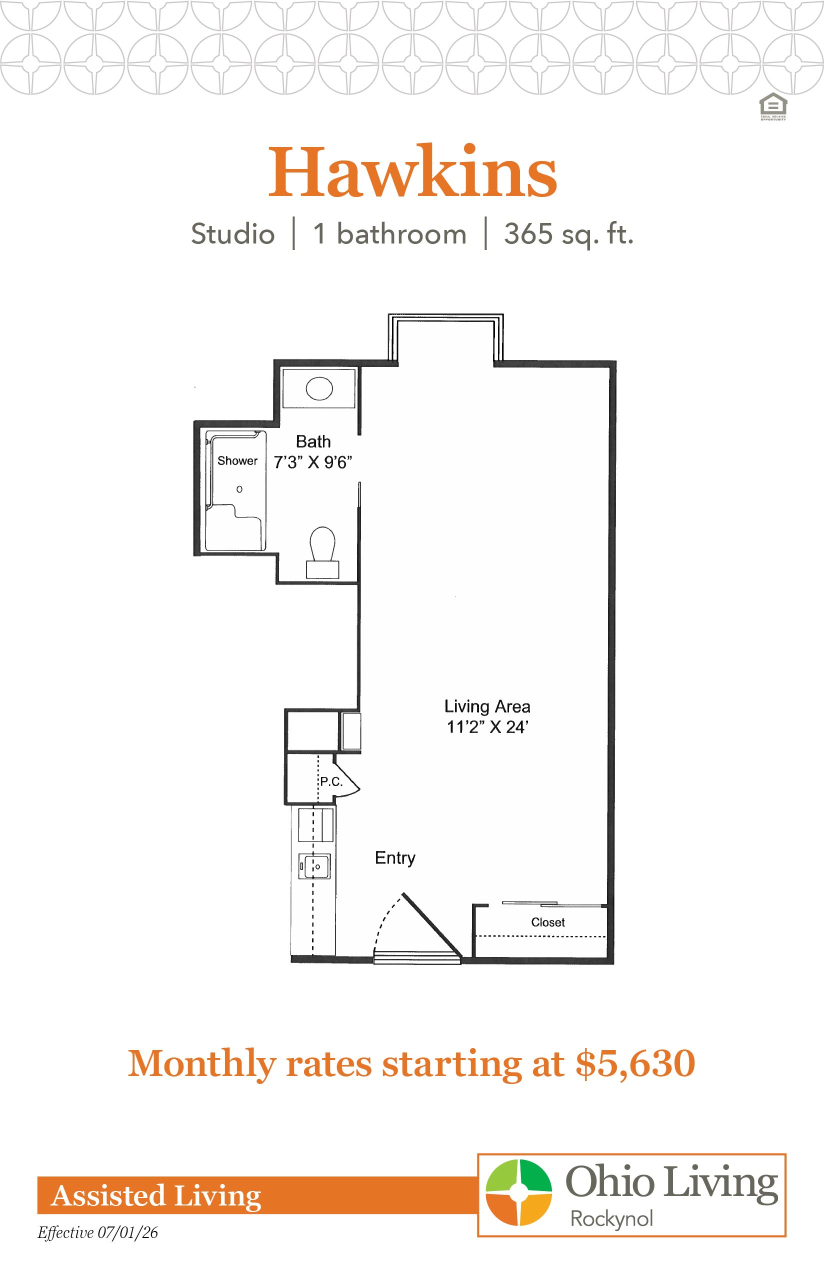 Hawkins floor plan: Studio, 1-bath apartment (365 sq. ft.) with an open living/sleeping area, kitchenette, accessible bathroom, and closet. Monthly rates starting at $5,630.