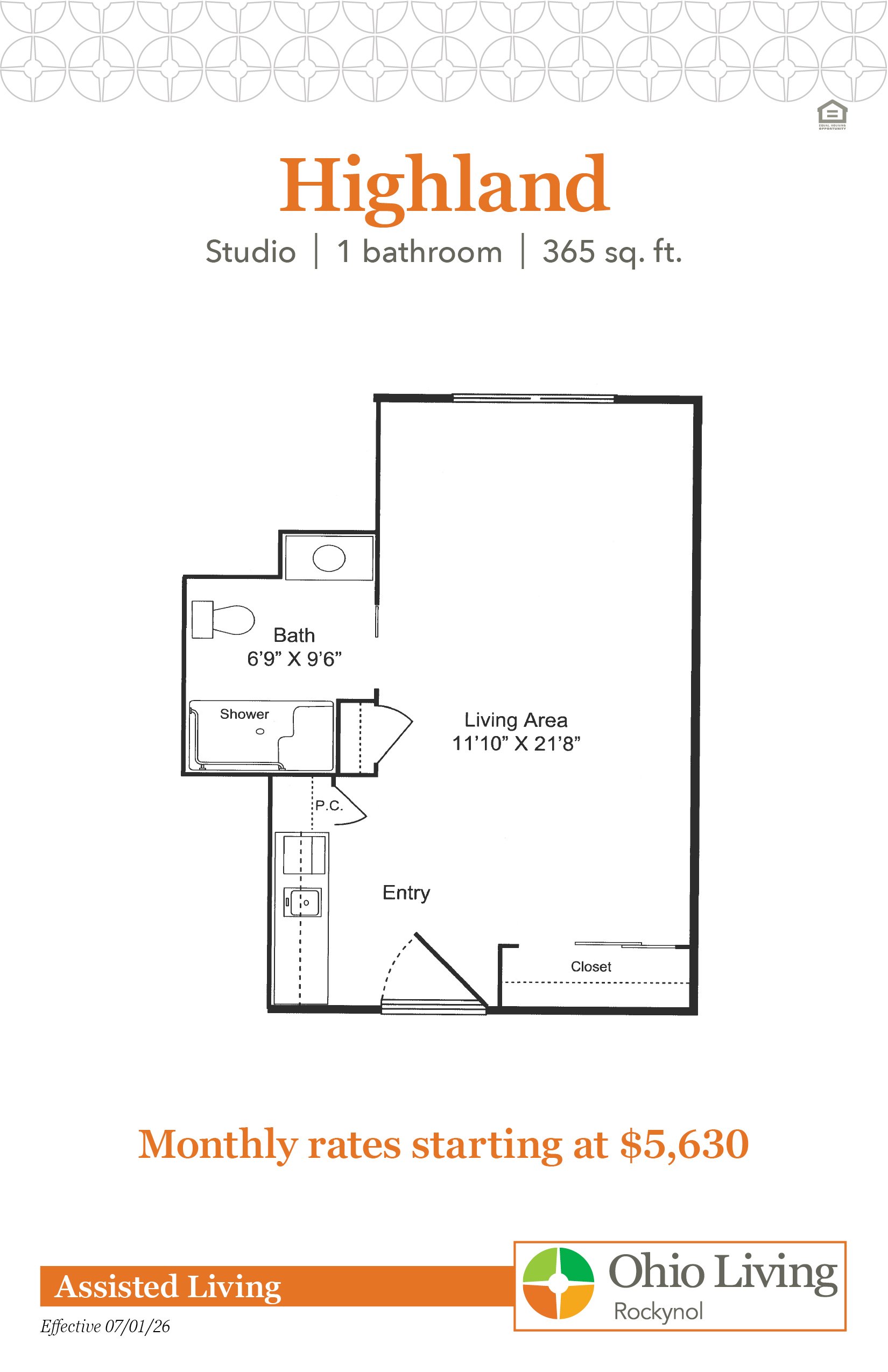 Highland floor plan: Studio, 1-bath apartment (365 sq. ft.) with an open living/sleeping area, kitchenette, accessible bathroom, and closet. Monthly rates starting at $5,630.