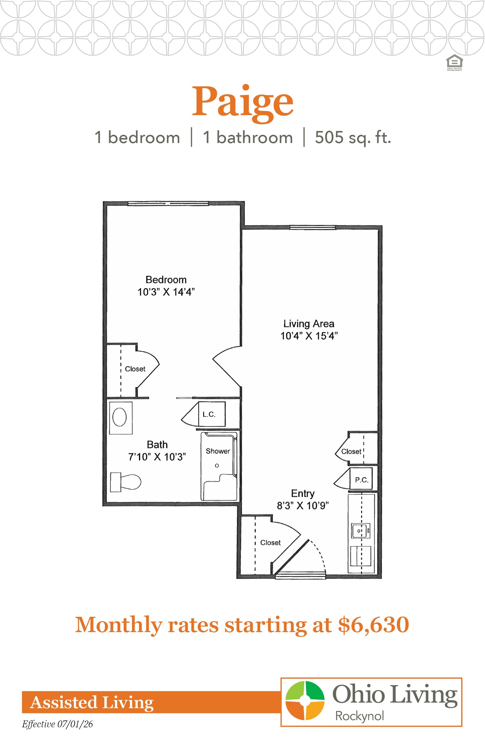 Paige floor plan: One-bedroom, 1-bath apartment (505 sq. ft.) with a private bedroom, separate living room, kitchenette, accessible bathroom, and closets. Monthly rates starting at $6,630.