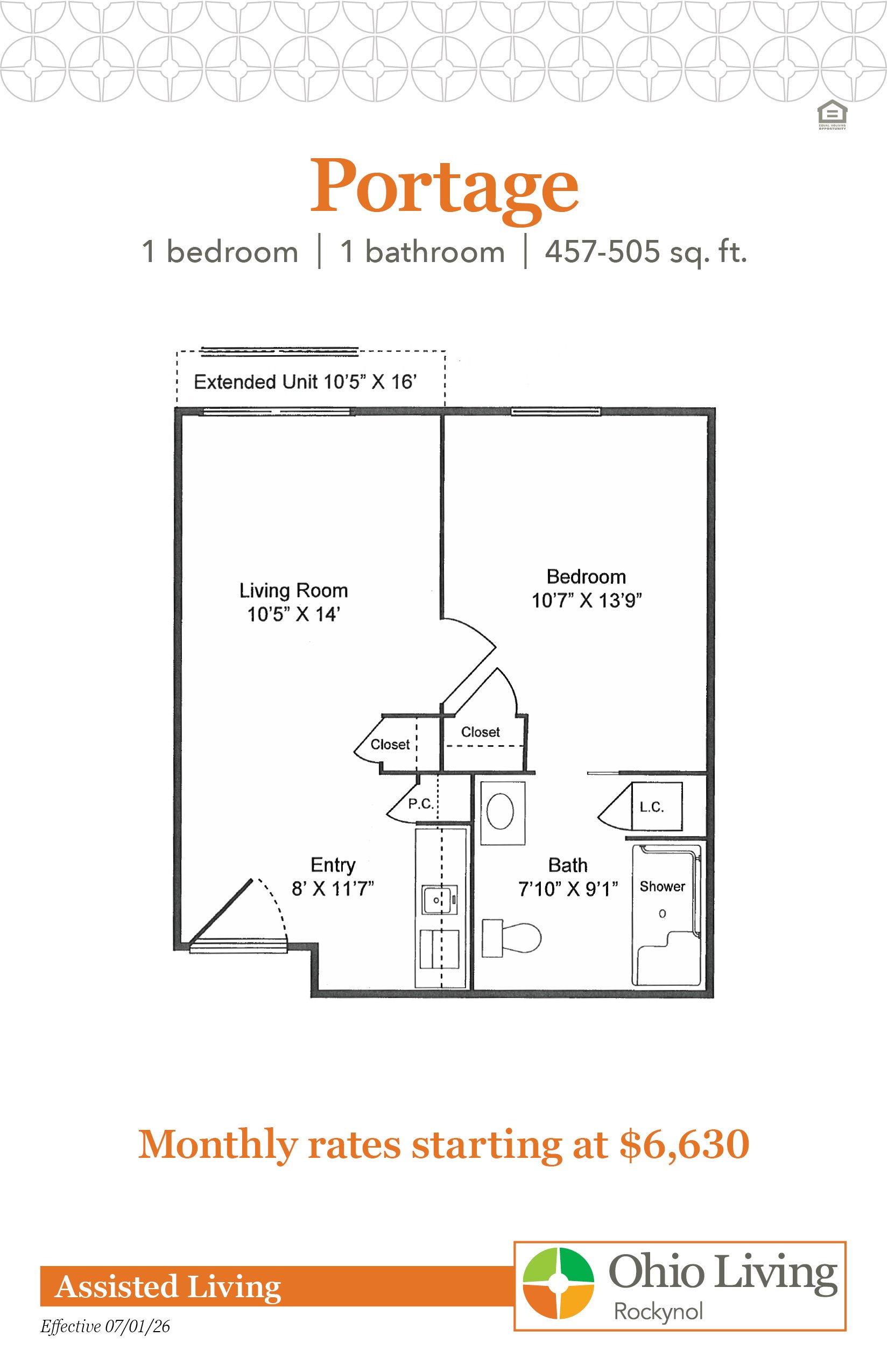 Portage floor plan: One-bedroom, 1-bath apartment (457–505 sq. ft.) with a private bedroom, living room, kitchenette, accessible bathroom, and closets. Monthly rates starting at $6,630.