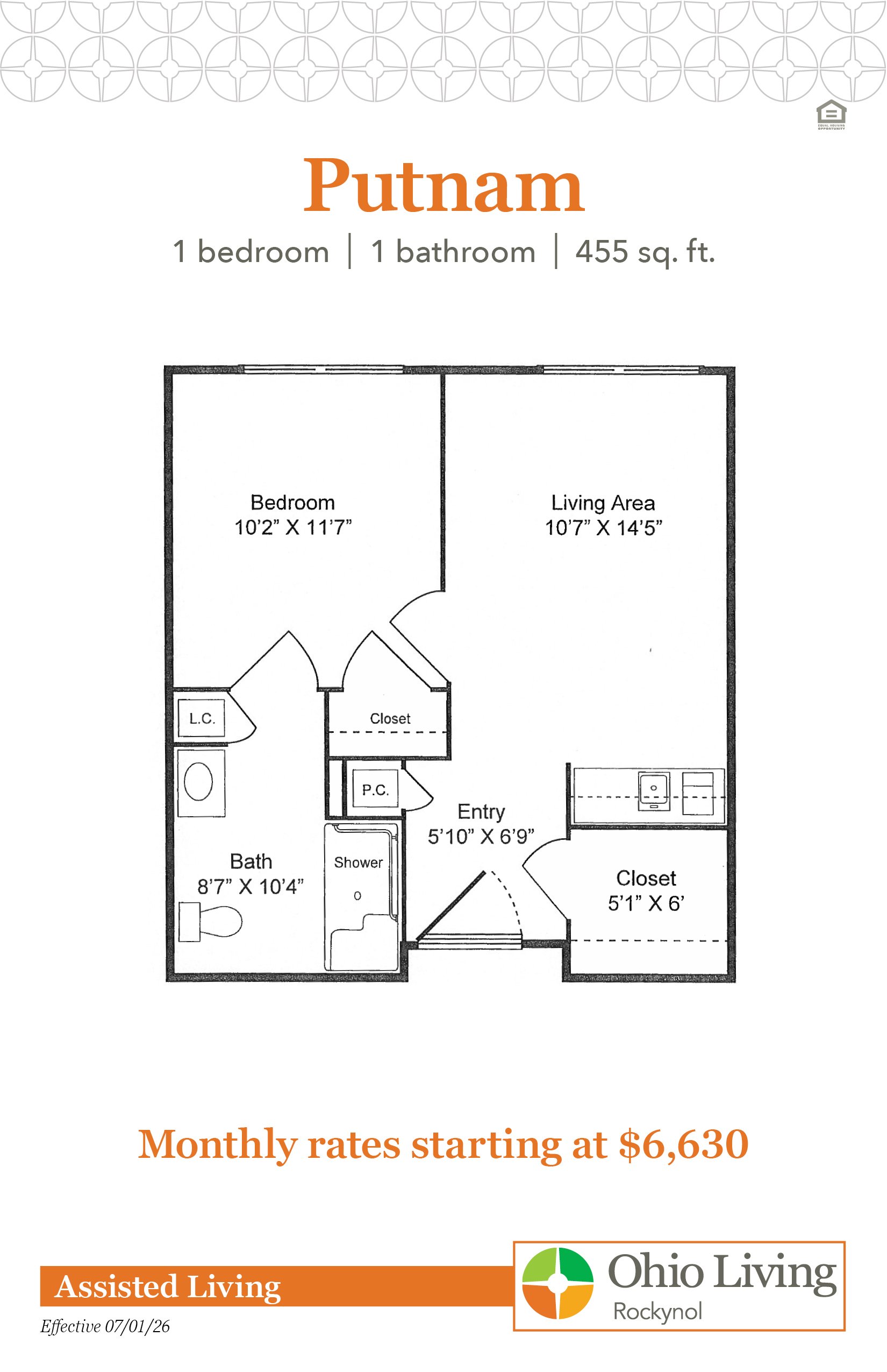 Putnam floor plan: One-bedroom, 1-bath apartment (455 sq. ft.) with a private bedroom, living room, kitchenette, accessible bathroom, and closets. Monthly rates starting at $6,630.