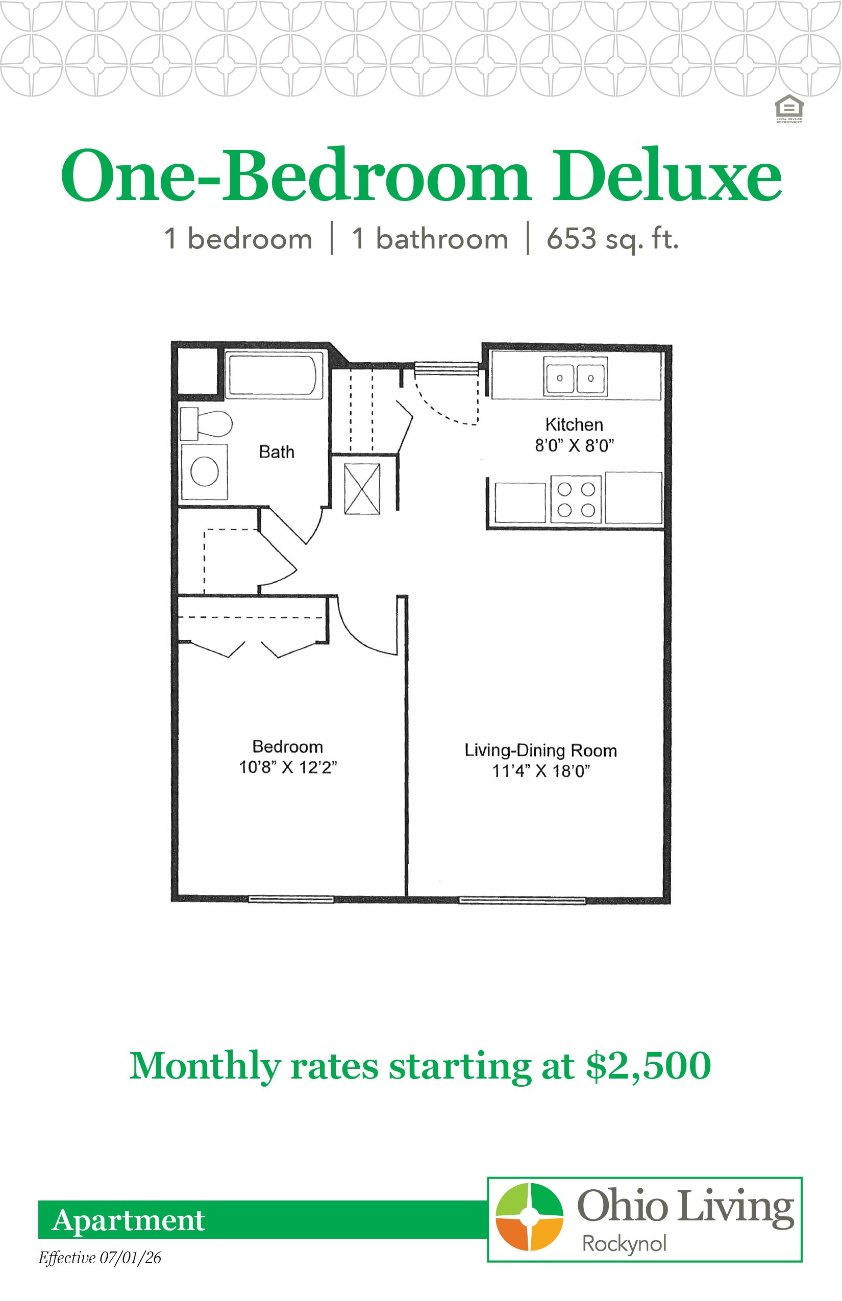 One-Bedroom Deluxe floor plan: 1-bedroom, 1-bath apartment (653 sq. ft.) with a larger living room, full kitchen, dining area, and additional closet space. Monthly rates starting at $2,500.