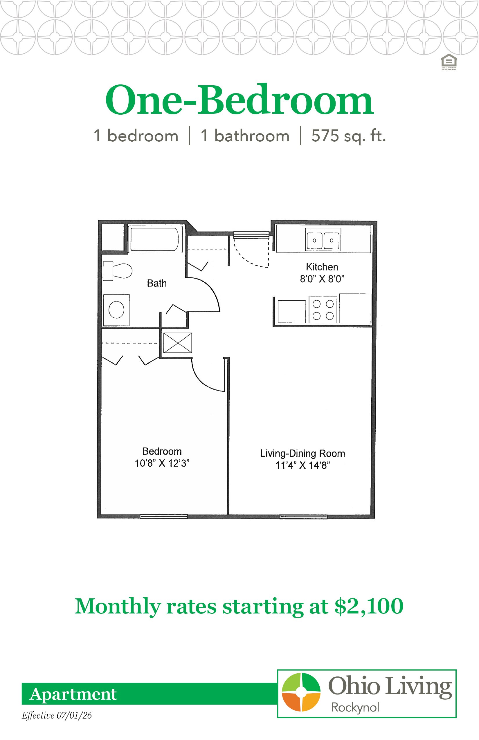 One-Bedroom floor plan: 1-bath apartment (575 sq. ft.) with a private bedroom, living room, full kitchen, dining area, and bathroom. Monthly rates starting at $2,100.