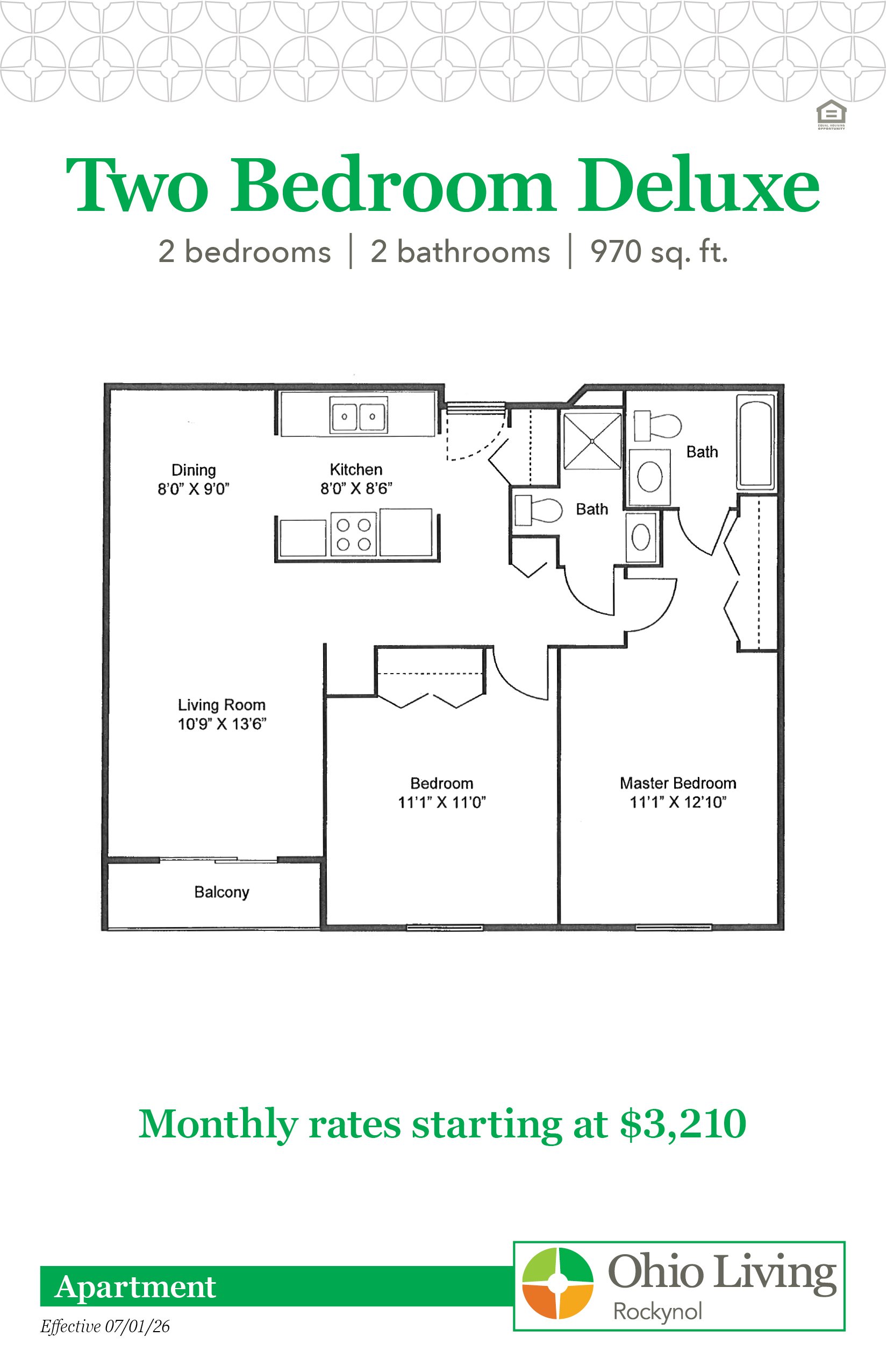 Two-Bedroom Deluxe floor plan: 2-bedroom, 2-bath apartment (970 sq. ft.) with a spacious living room, full kitchen, dining area, and two bathrooms. Monthly rates starting at $3,210.