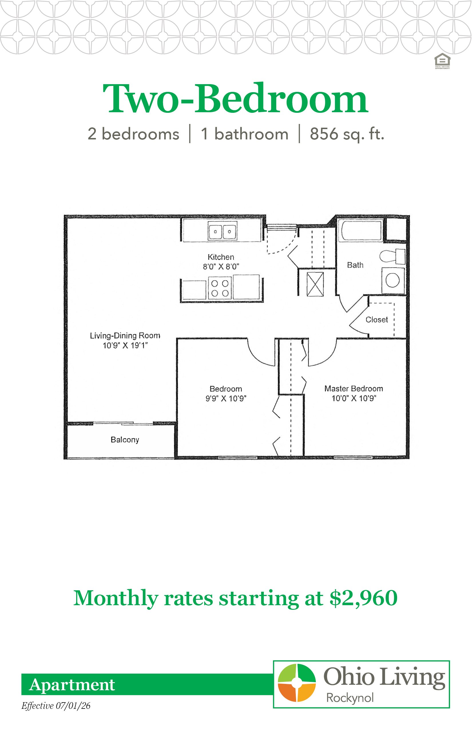 Two-Bedroom floor plan: 2-bedroom, 1-bath apartment (856 sq. ft.) with two private bedrooms, living room, full kitchen, dining area, and bathroom. Monthly rates starting at $2,960.