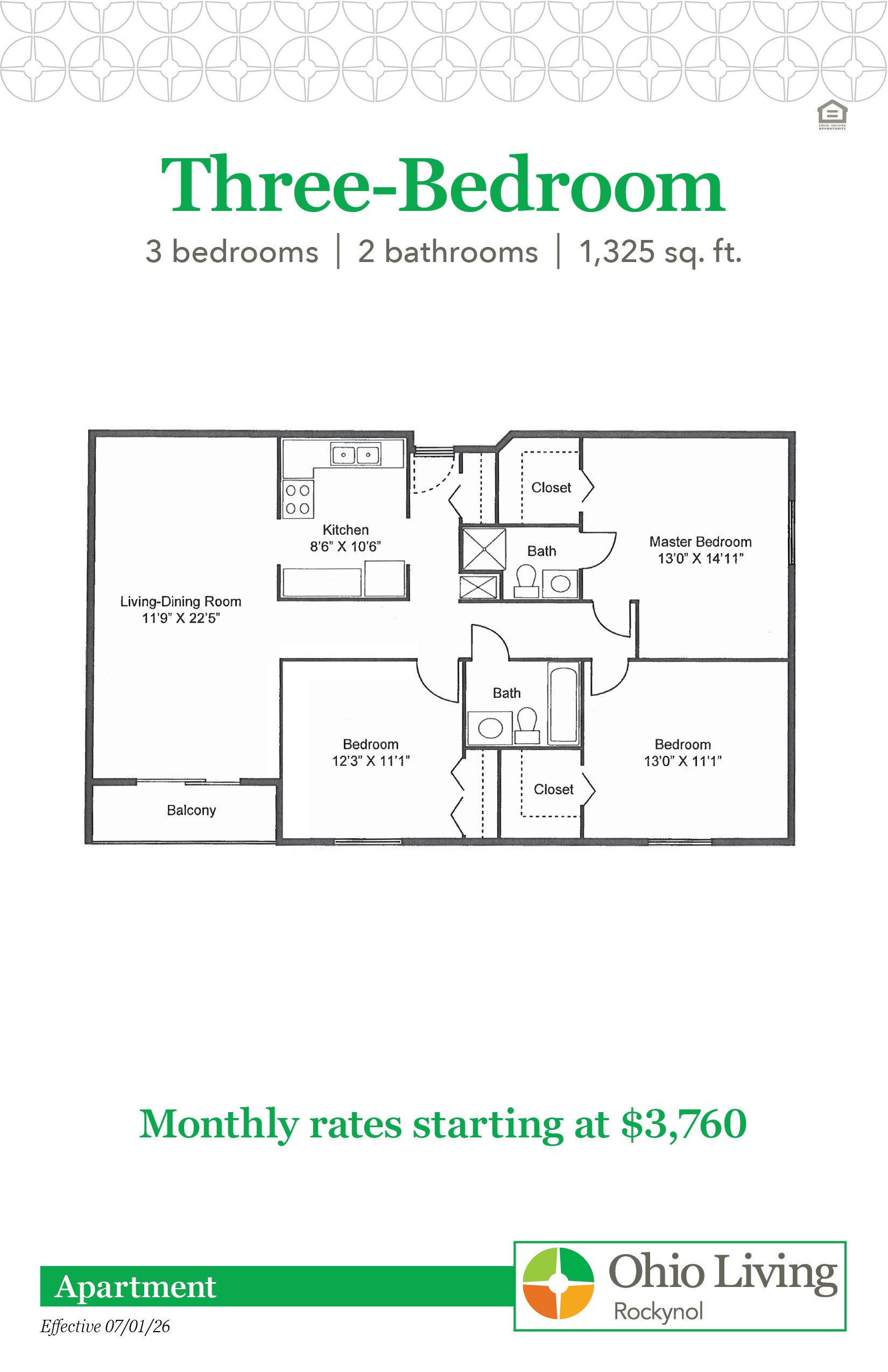 Three-Bedroom floor plan: 3-bedroom, 2-bath apartment (1,325 sq. ft.) with three private bedrooms, spacious living room, full kitchen, dining area, and two bathrooms. Monthly rates starting at $3,760.