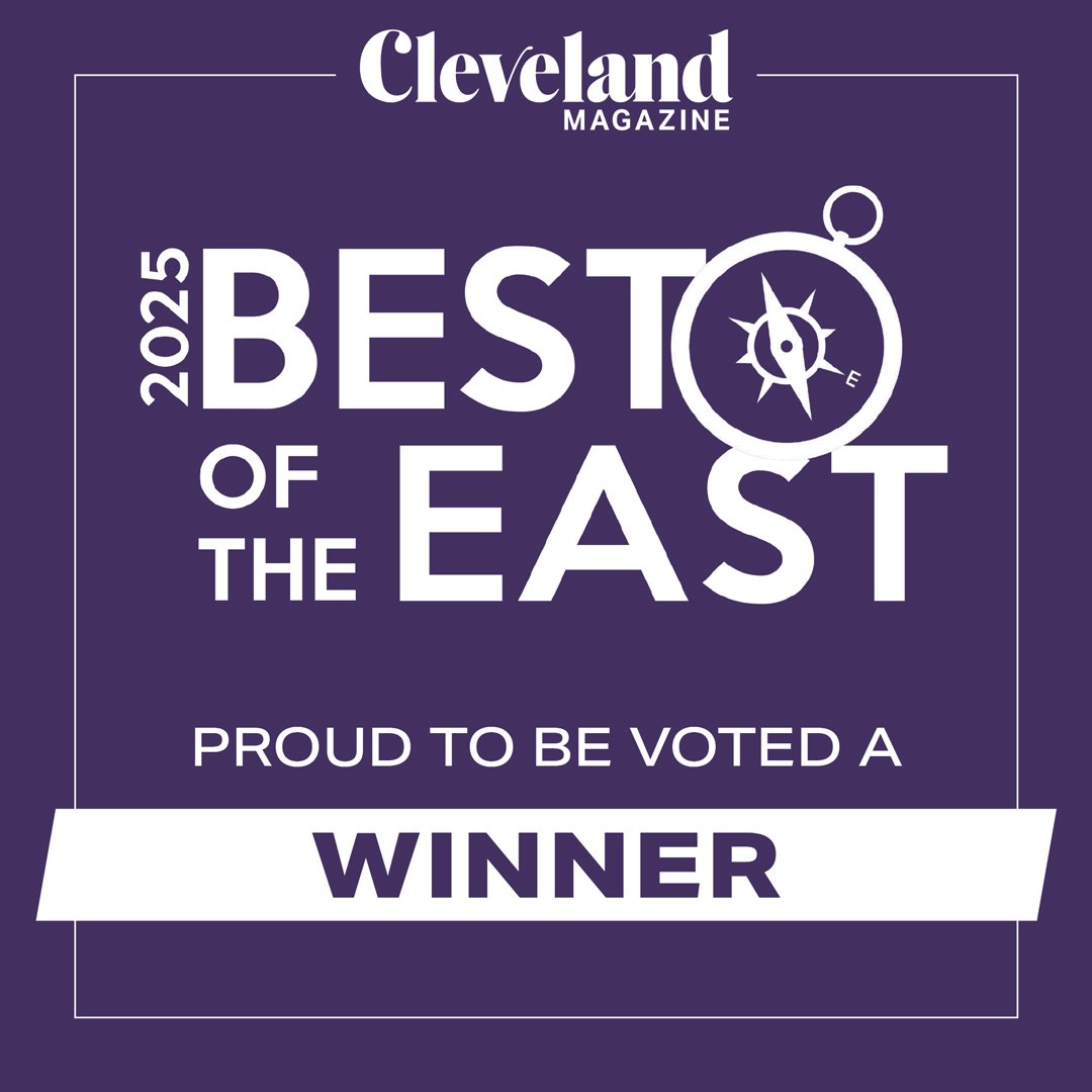 Cleveland Magazine 2025 Best of the East award badge: Purple square graphic with white text reading “2025 Best of the East” and “Proud to be voted a winner,” featuring a compass icon symbolizing excellence and regional recognition.