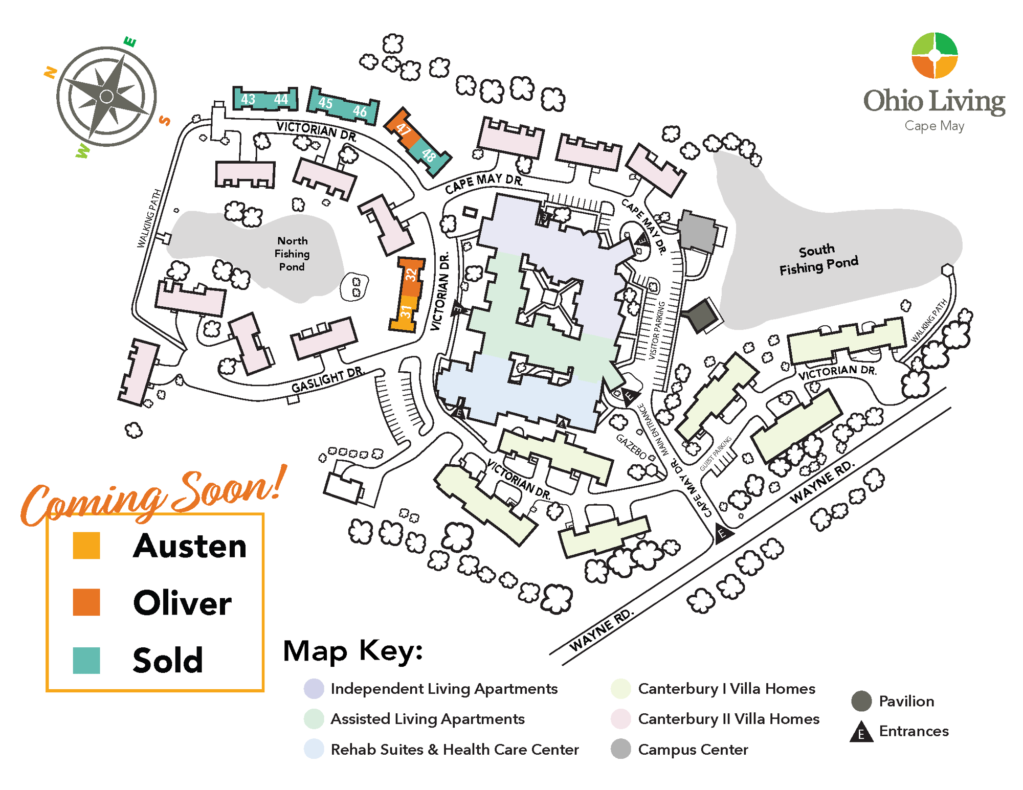 Illustrated site map of Ohio Living Cape May senior living community showing the layout of independent and assisted living apartments, villa homes, rehab suites, and health care center. The map highlights two fishing ponds, walking paths, and labeled streets including Victorian Drive, Gaslight Drive, Cape May Drive, and Wayne Road. Color-coded sections indicate “Coming Soon” Austen and Oliver homes, sold units, and key amenities such as the gazebo, pavilion, and campus center. The Ohio Living Cape May logo appears in the upper right corner, emphasizing community expansion and accessibility for older adults.