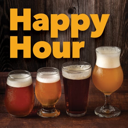 Four glasses of beer in varying shades from light golden to dark amber sit on a wooden table with frothy heads. Large text reading "Happy Hour" highlights the graphic, promoting a casual social gathering or beverage-themed event.