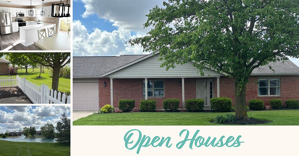 Collage-style graphic featuring a brick ranch home, a modern kitchen, a fenced yard, and a pond view under a cloudy sky. Script text at the bottom reads “Open Houses.”