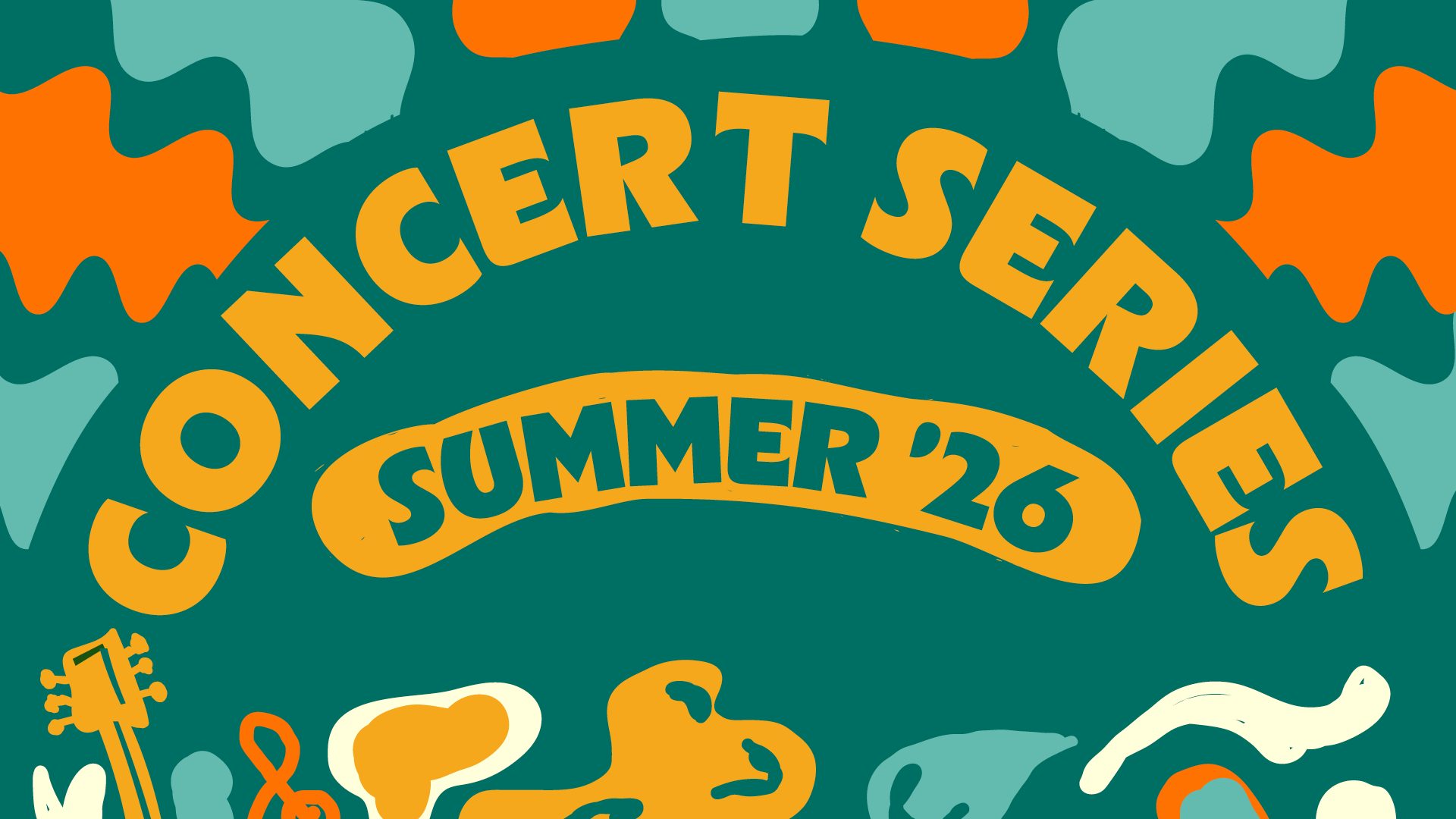 Graphic with bold text reading “Concert Series Summer ’26” in large yellow lettering on a green background. Decorative shapes and music-themed icons surround the text, suggesting a lively, seasonal music event.