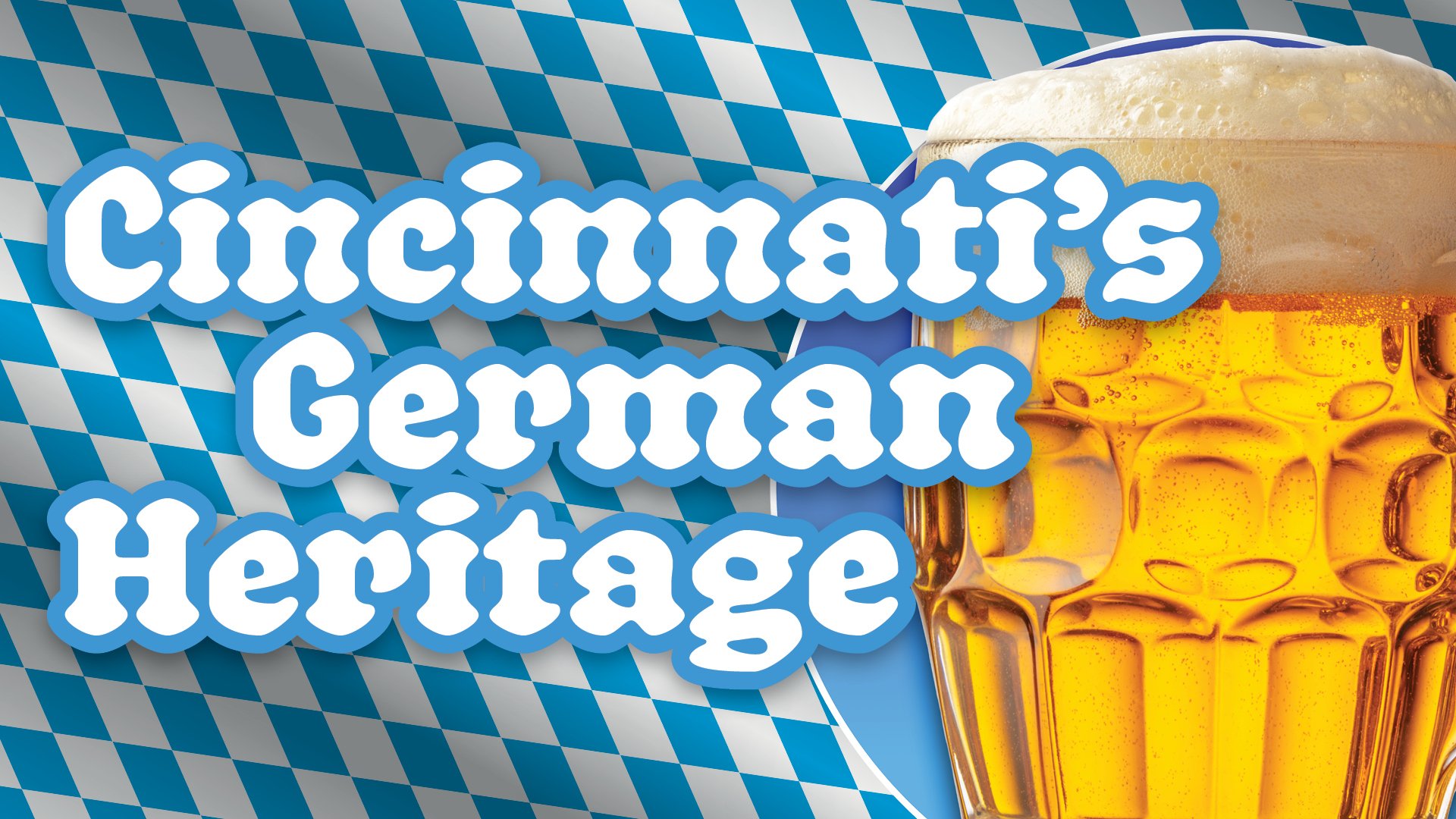 Graphic featuring a frosty beer stein against a blue-and-white Bavarian pattern with the headline 
