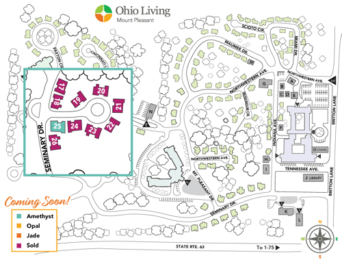 Map of Ohio Living Mount Pleasant showing independent living, assisted living, and community buildings. Highlights “Coming Soon” Amethyst, Opal, and Jade homes, plus sold units. Includes labeled roads, chapel, library, and compass rose, illustrating the senior living campus layout.