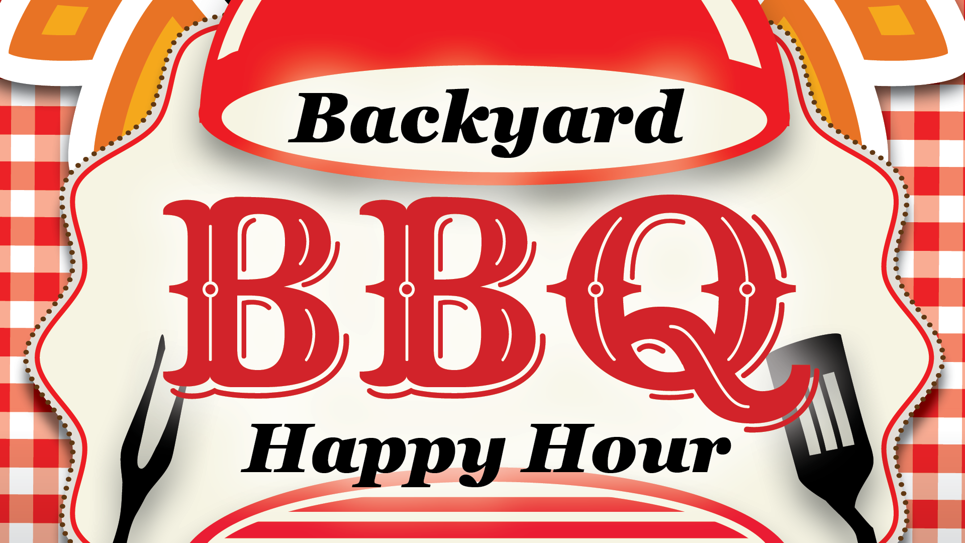 The image features a large red barbecue grill with bold red “BBQ” lettering, black “Happy Hour” text, and a red-and-white checkered picnic tablecloth background. Grilling utensils appear on each side, creating a festive summer barbecue theme.