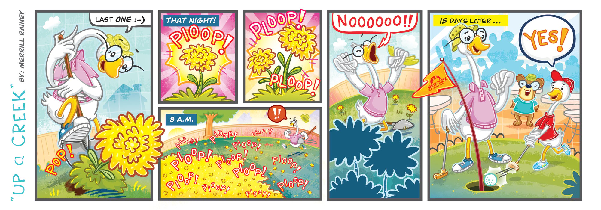 A colorful comic follows a cheerful bird golfer whose final weed is actually a dandelion. Fifteen days later, the flowers have spread across the course, ending with the bird happily celebrating a successful putt despite the unexpected gardening mishap.