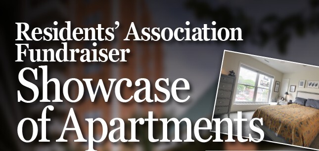 Graphic promoting a “Residents’ Association Fundraiser Showcase of Apartments,” featuring large white text over a dark background and an inset photo of a furnished bedroom.