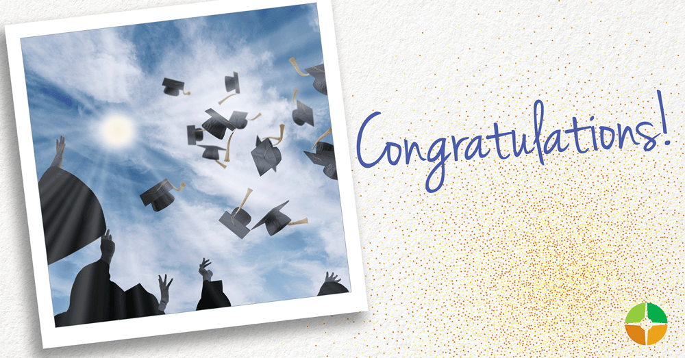 Graphic featuring a Polaroid-style photo of graduation caps being tossed into the air against a blue sky. Purple script text reads “Congratulations!” with a small logo in the bottom right corner.