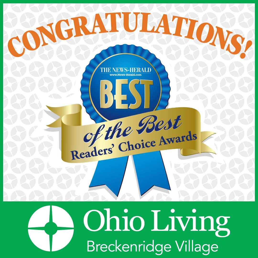 Ohio Living Breckenridge Village award graphic: Celebration image with “Congratulations!” in orange text above a blue and gold ribbon reading “Best of the Best Readers’ Choice Awards.” The Ohio Living logo and name appear below, honoring community excellence and recognition.