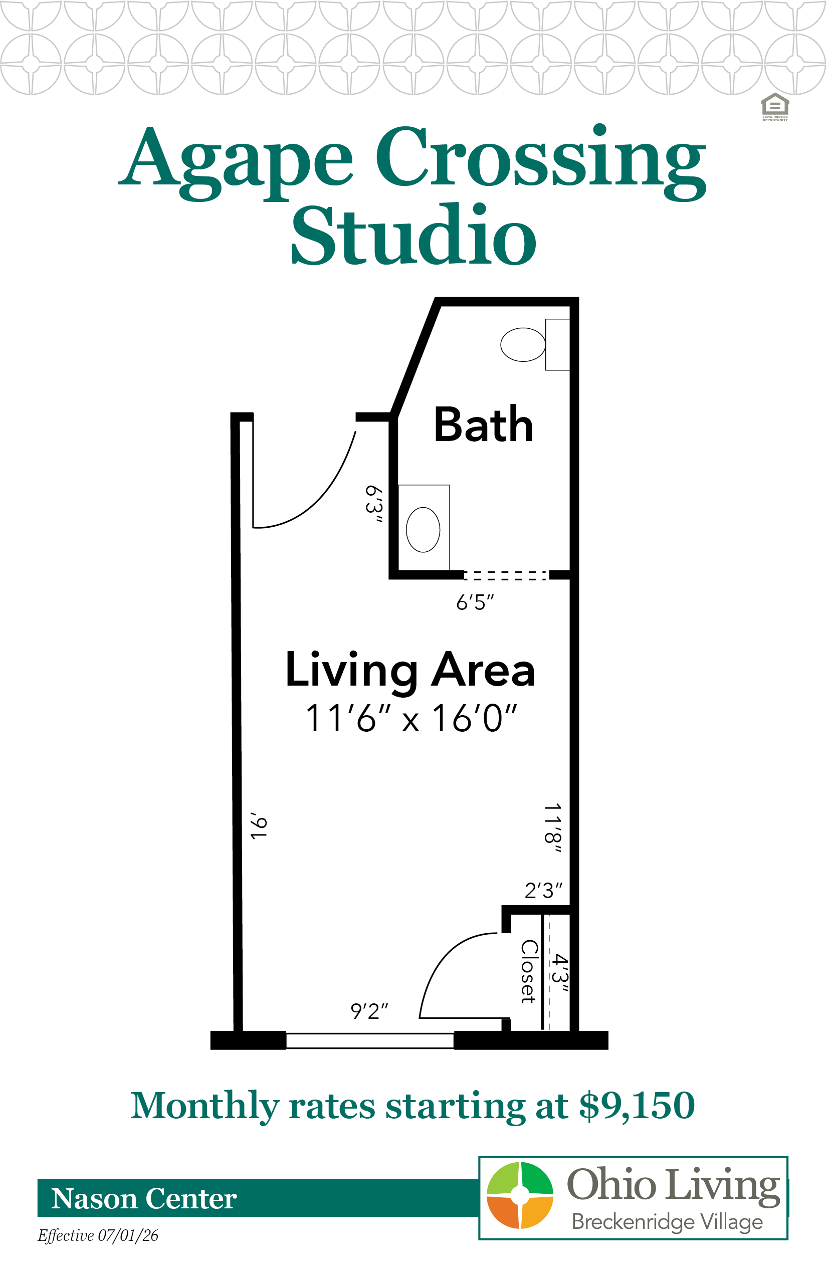 Floor plan of a 416 sq ft studio showing living area, bath, and closet with labeled dimensions. Monthly rates start at $9,150.