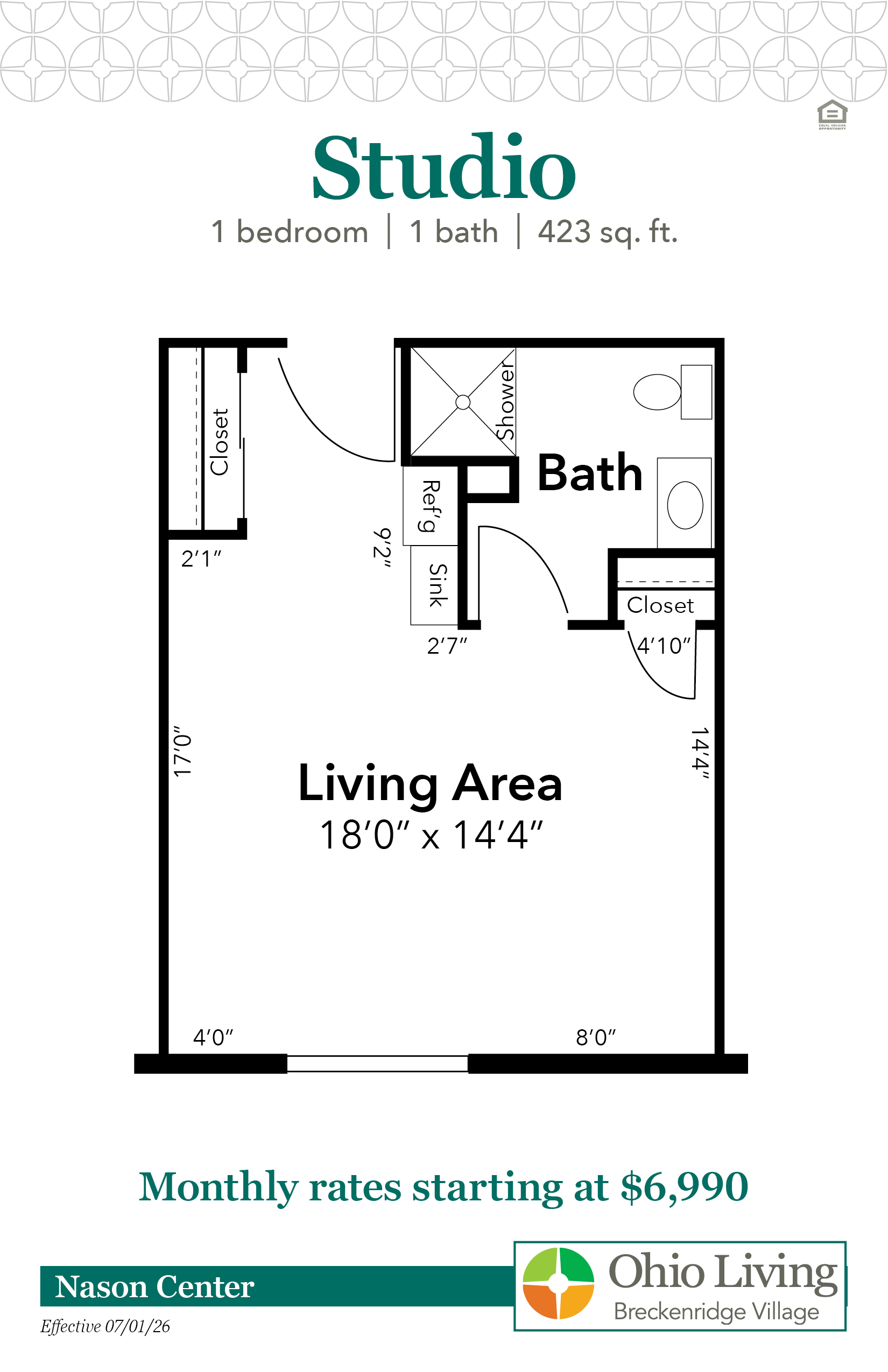 Floor plan of a 423 sq ft one‑bedroom assisted living studio with living area, bath, closets, and kitchenette layout. Monthly rates start at $6,990.