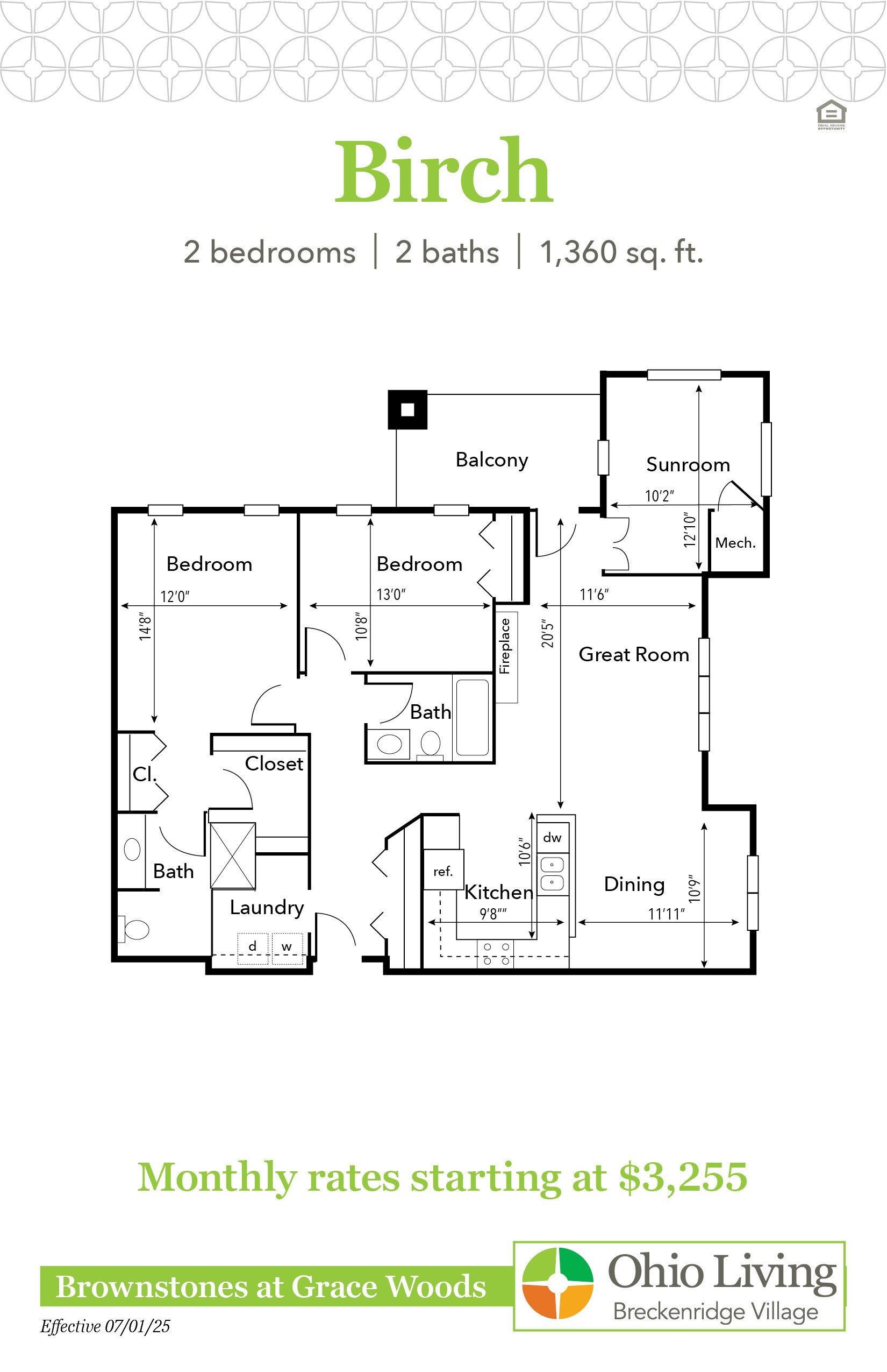 Floor plan of a 1,360 sq ft two‑bedroom, two‑bath home with great room, sunroom, balcony, kitchen, dining, laundry, and closets. Monthly rates start at $3,468.