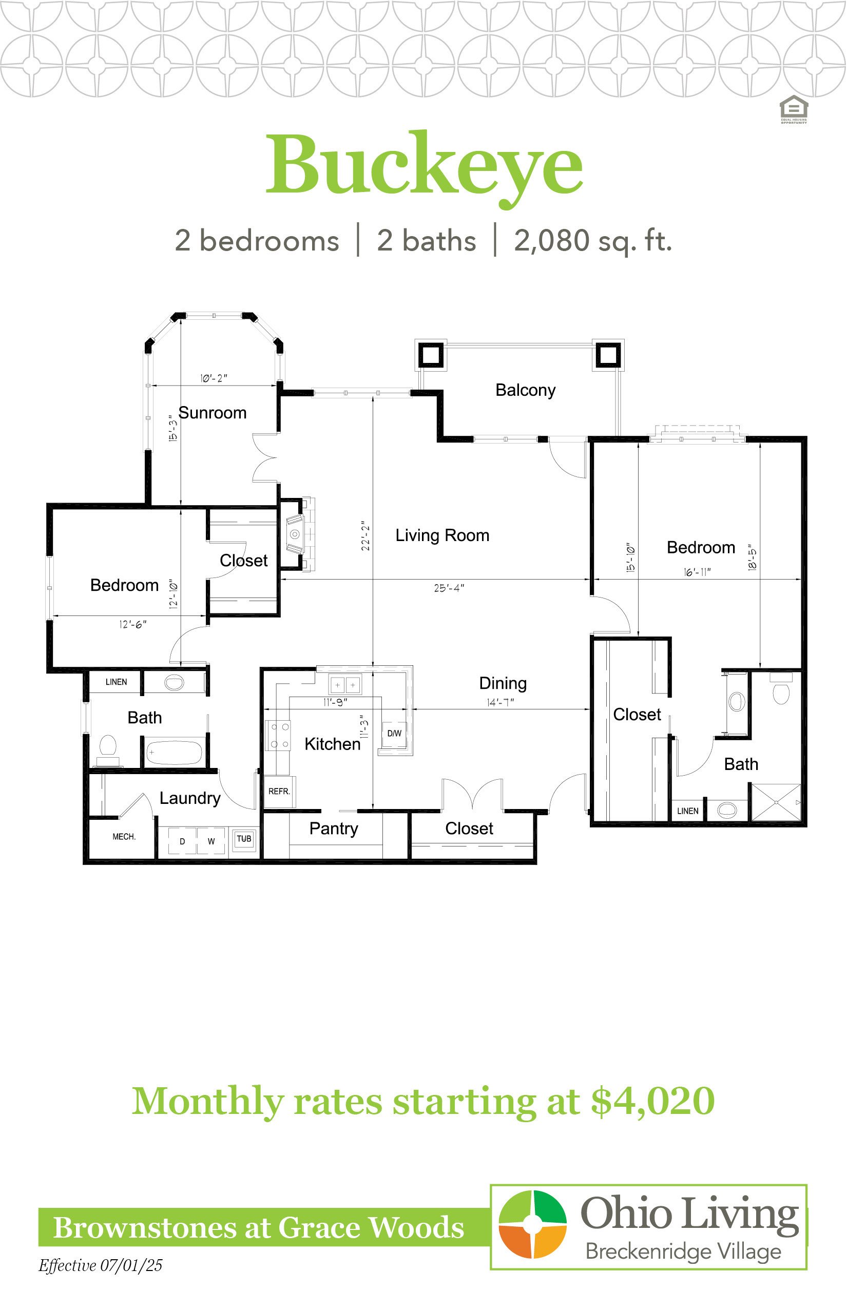 Floor plan of a 2,080 sq ft two‑bedroom, two‑bath home with living room, sunroom, balcony, kitchen, dining, laundry, and closets. Monthly rates start at $4,201.