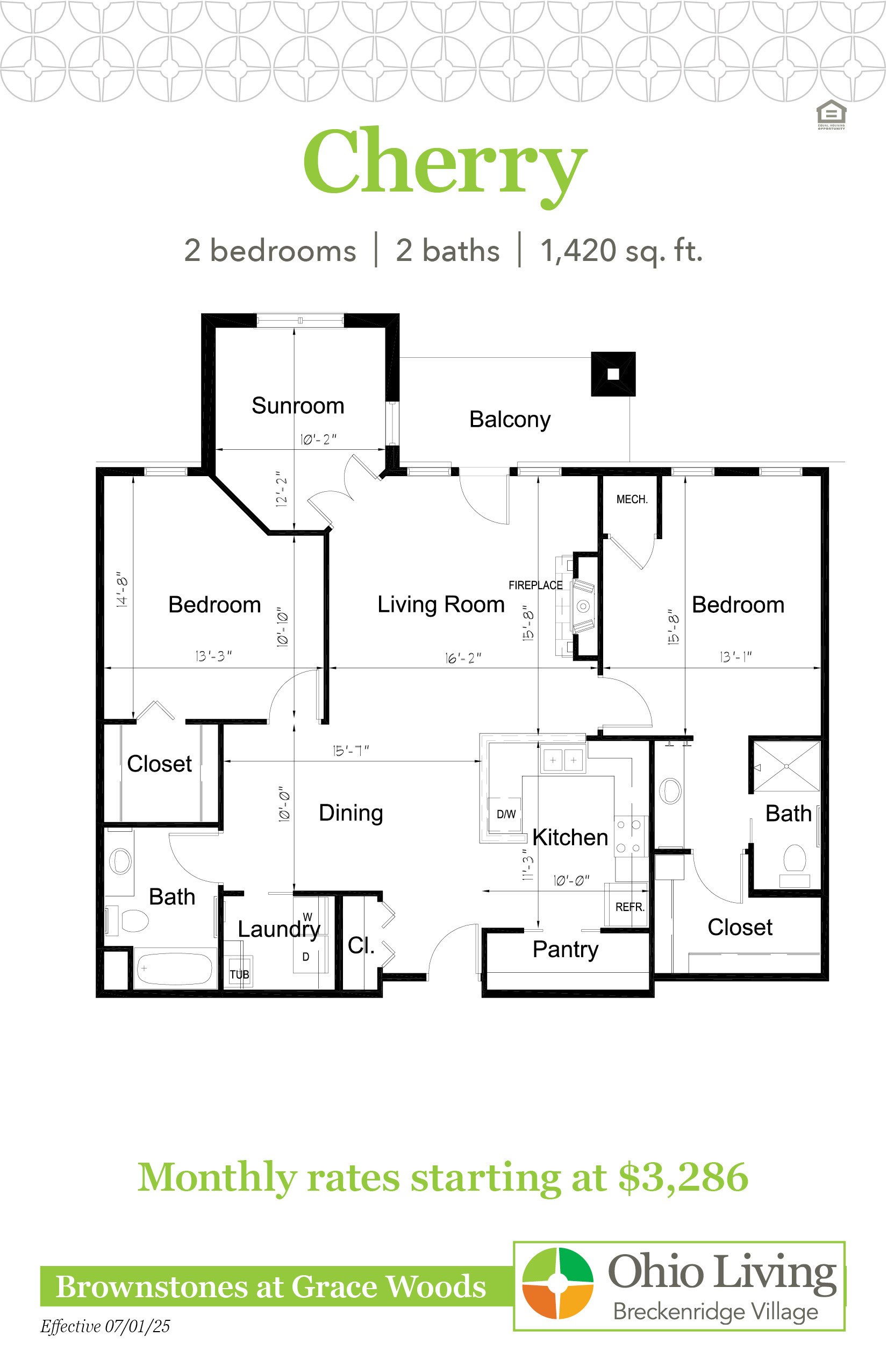 Floor plan of a 1,420 sq ft two‑bedroom, two‑bath home with living room, sunroom, balcony, kitchen, dining, laundry, and closets. Monthly rates start at $3,434.
