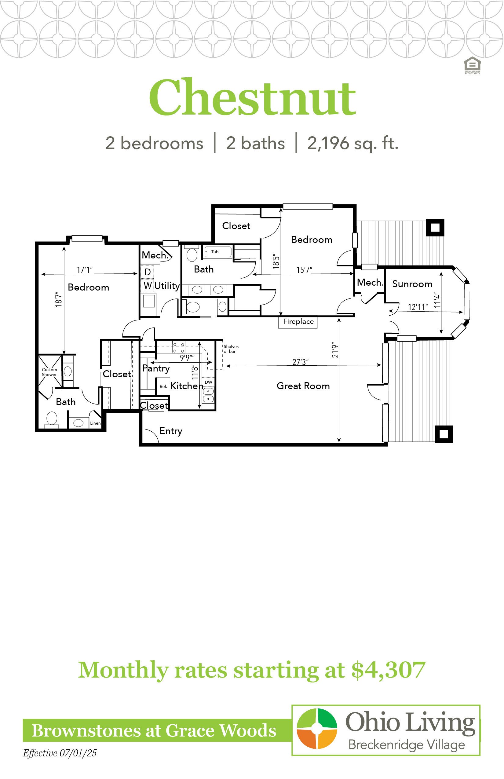 Floor plan of a 2,196 sq ft two‑bedroom, two‑bath home with great room, sunroom, kitchen, dining, laundry, closets, and custom shower. Monthly rates start at $4,501.
