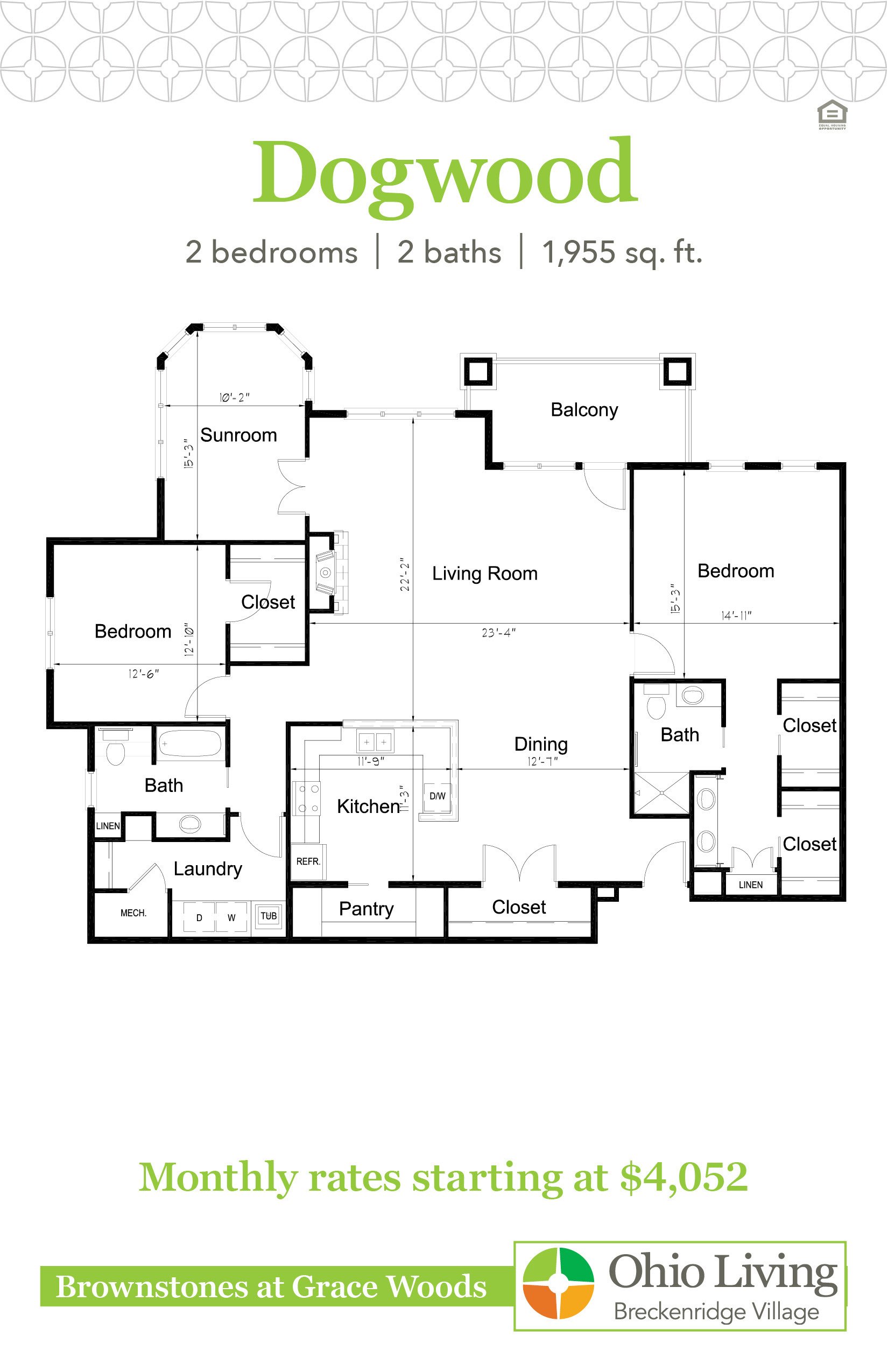 Floor plan of a 1,955 sq ft two‑bedroom, two‑bath home with living room, sunroom, balcony, kitchen, dining, laundry, and closets. Monthly rates start at $4,235.