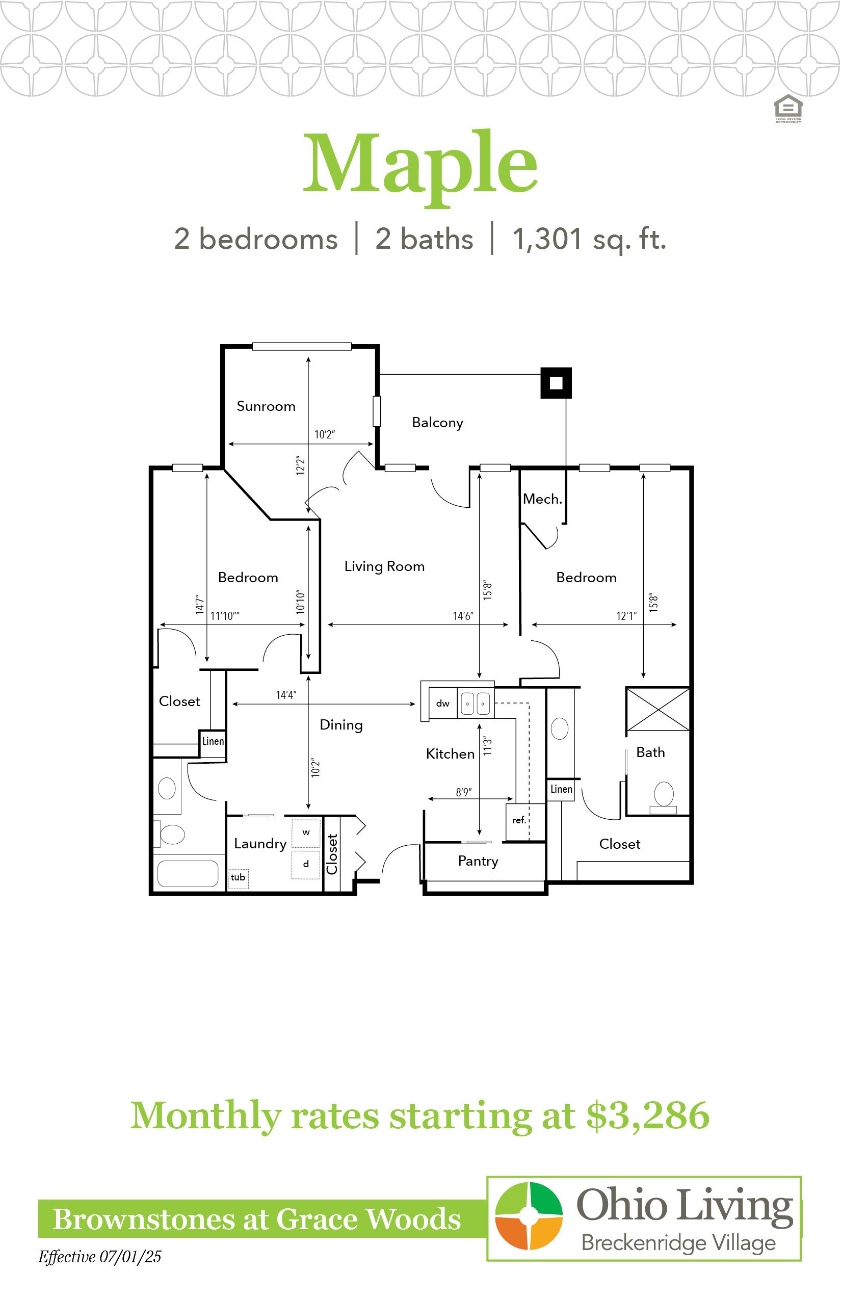 Floor plan of a 1,301 sq ft two‑bedroom, two‑bath home with living room, sunroom, balcony, kitchen, dining, laundry, and closets. Monthly rates start at $3,434.