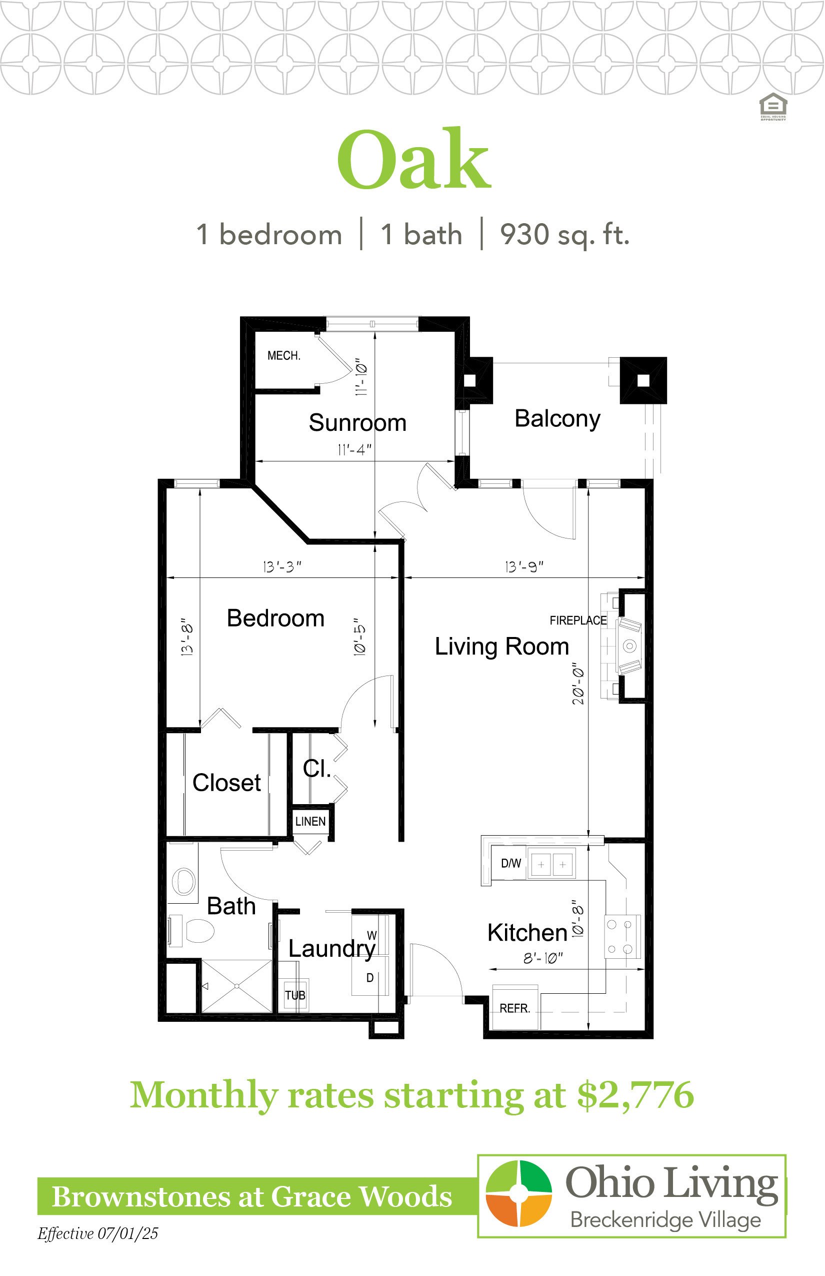 Floor plan of a 930 sq ft one‑bedroom home with living room, sunroom, balcony, kitchen, bath, laundry, and fireplace. Monthly rates start at $2,768.