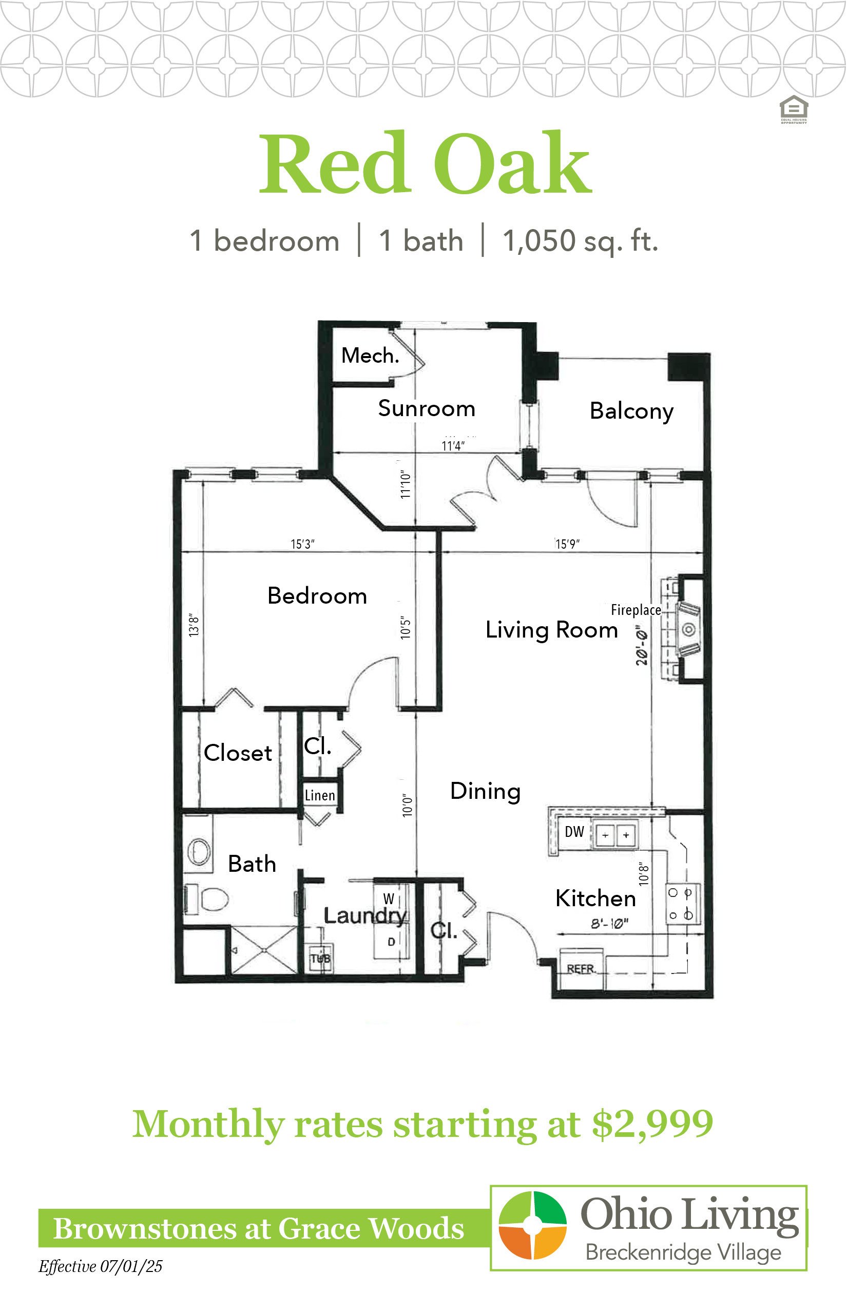 Floor plan of a 1,050 sq ft one‑bedroom home featuring living room, sunroom, balcony, kitchen, dining, bath, and laundry. Monthly rates start at $2,901.