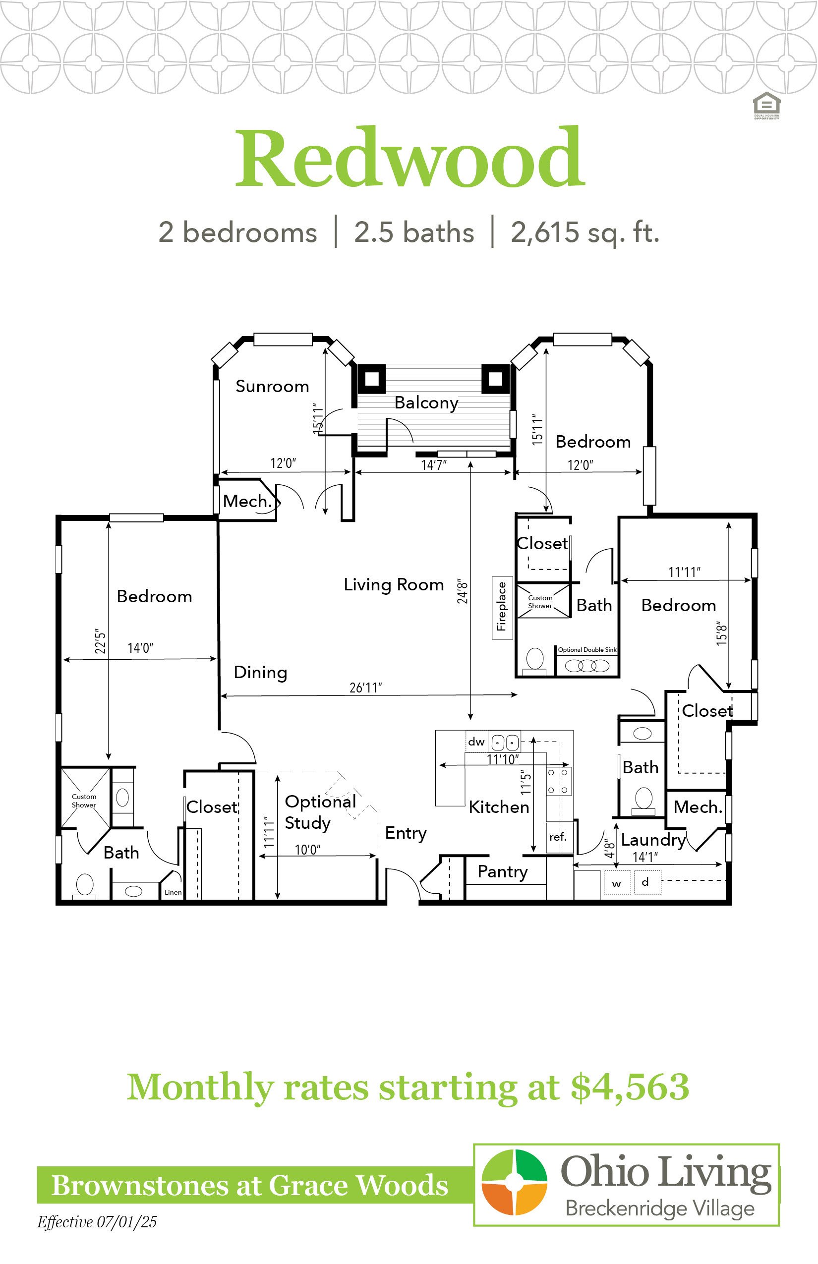 Floor plan of a 2,615 sq ft two‑bedroom, 2.5‑bath home with living room, sunroom, balcony, kitchen, dining, optional study, laundry, and closets. Monthly rates start at $4,768.
