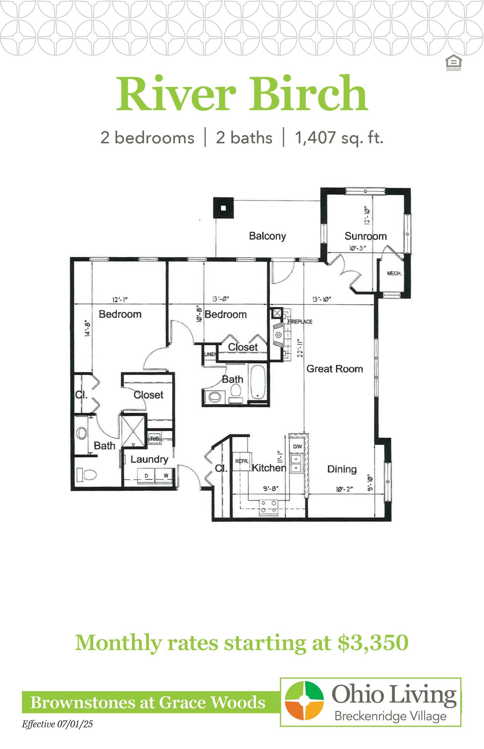Floor plan of a 1,407 sq ft two‑bedroom, two‑bath home with great room, sunroom, balcony, kitchen, dining, laundry, and closets. Monthly rates start at $3,401.