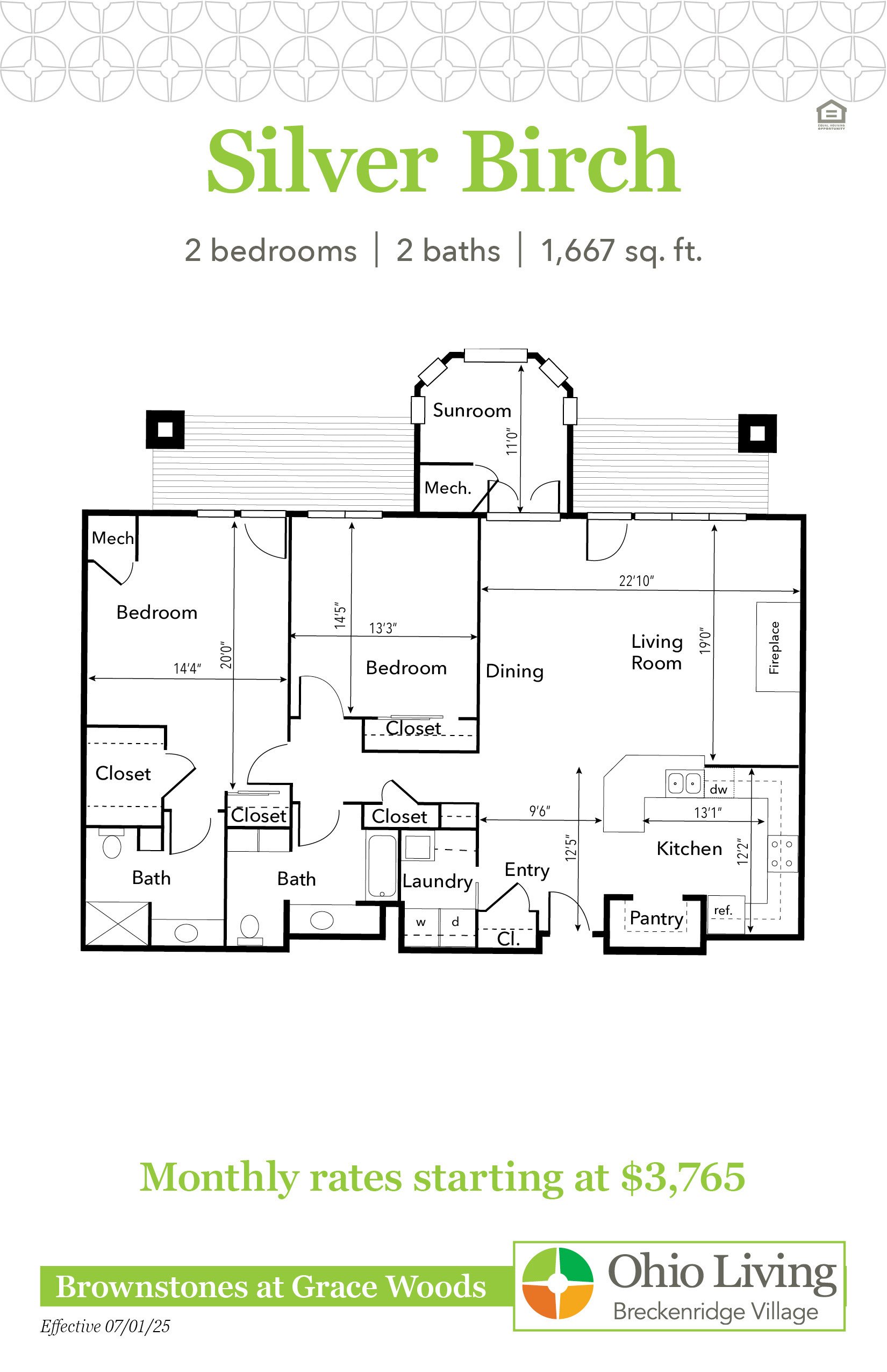 Floor plan of a 1,667 sq ft two‑bedroom, two‑bath home with living room, sunroom, kitchen, dining, laundry, and multiple closets. Monthly rates start at $3,934.