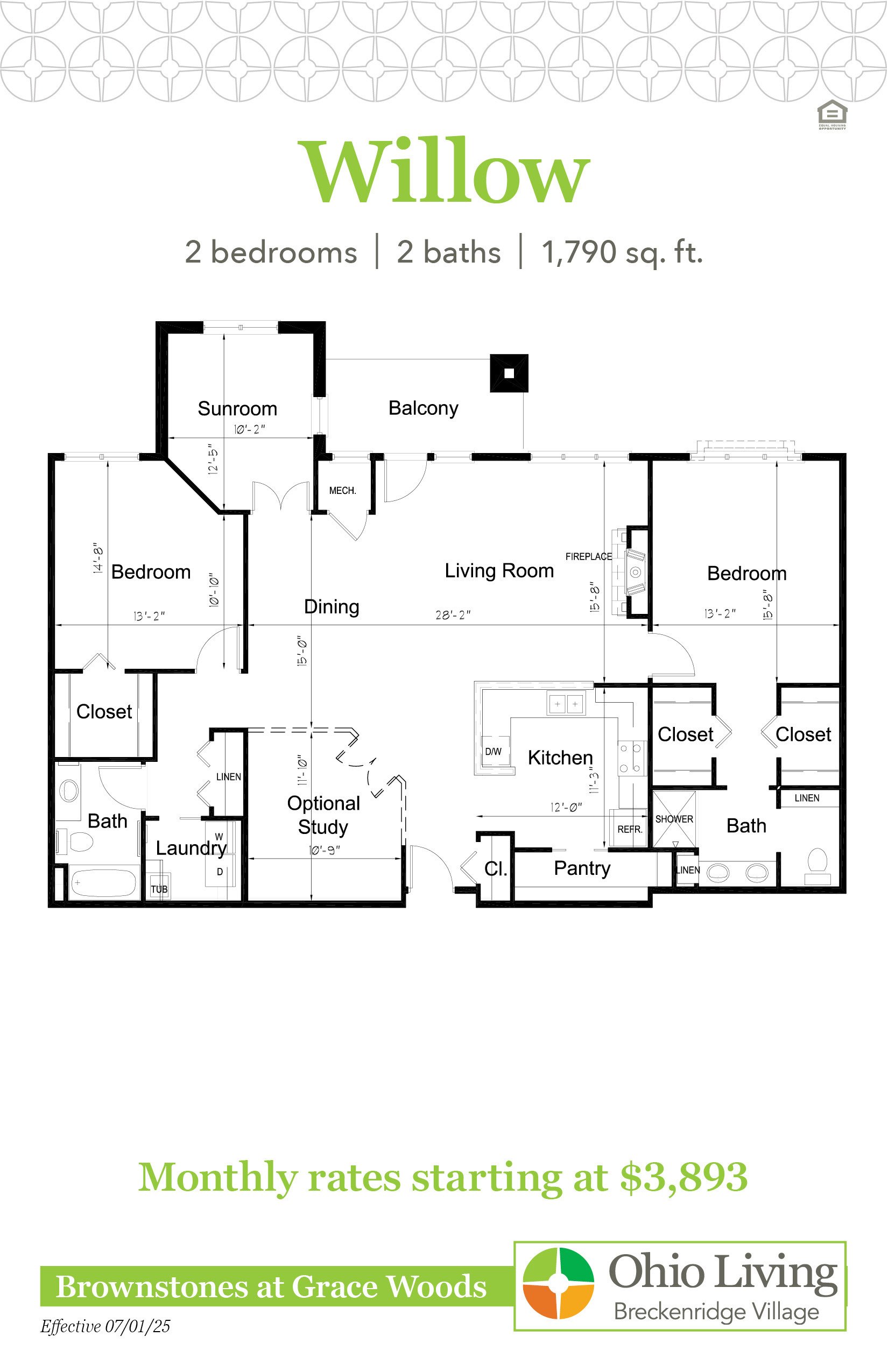 Floor plan of a 1,790 sq ft two‑bedroom, two‑bath home with living room, sunroom, balcony, kitchen, dining, optional study, laundry, and closets. Monthly rates start at $3,801.