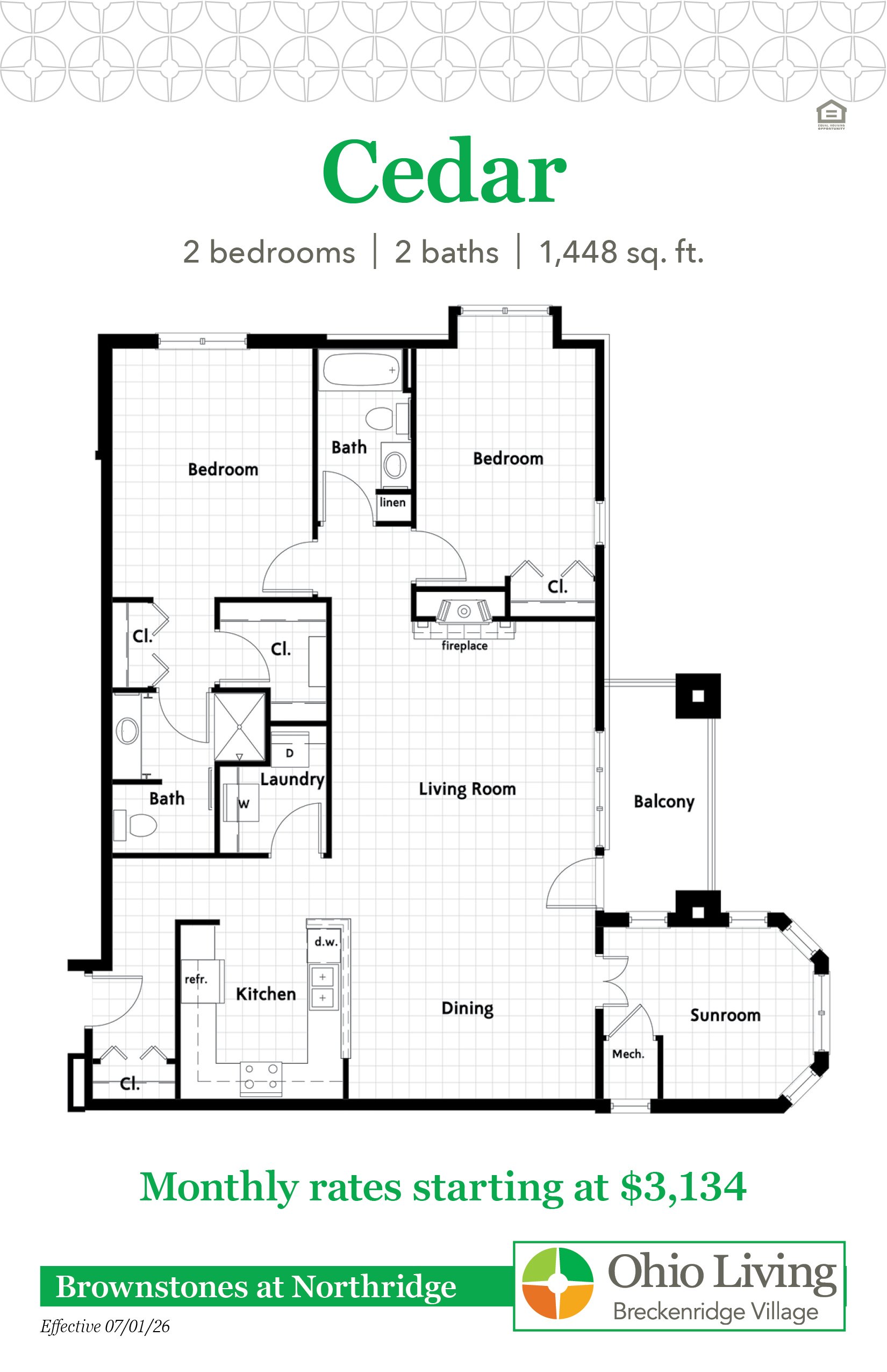 Floor plan of a 1,448 sq ft two‑bedroom, two‑bath home with living room, sunroom, balcony, kitchen, dining, laundry, and closets. Monthly rates start at $3,134.