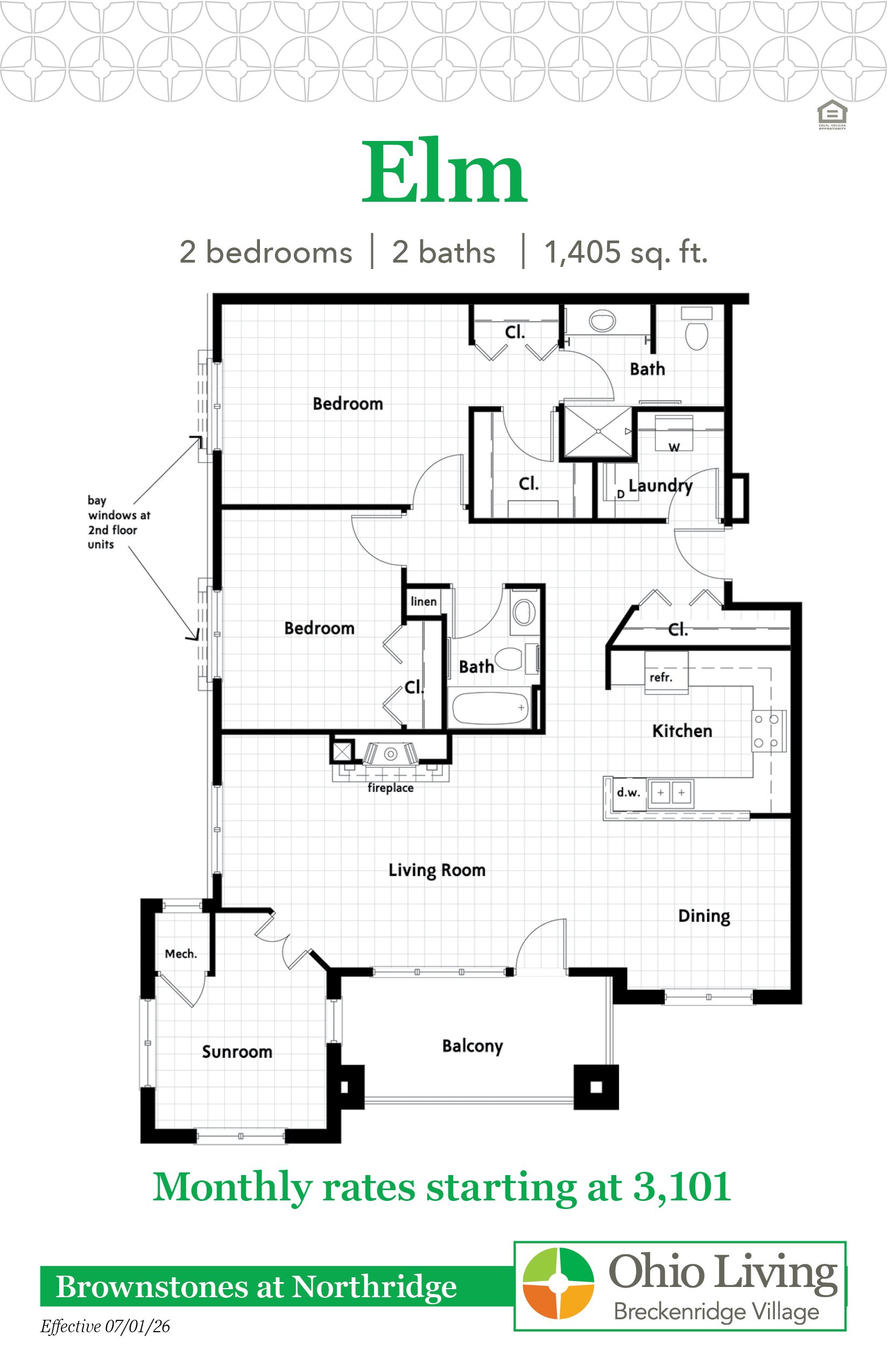 Floor plan of a 1,405 sq ft two‑bedroom, two‑bath home with living room, sunroom, balcony, kitchen, dining, laundry, and closets. Monthly rates start at $3,101.