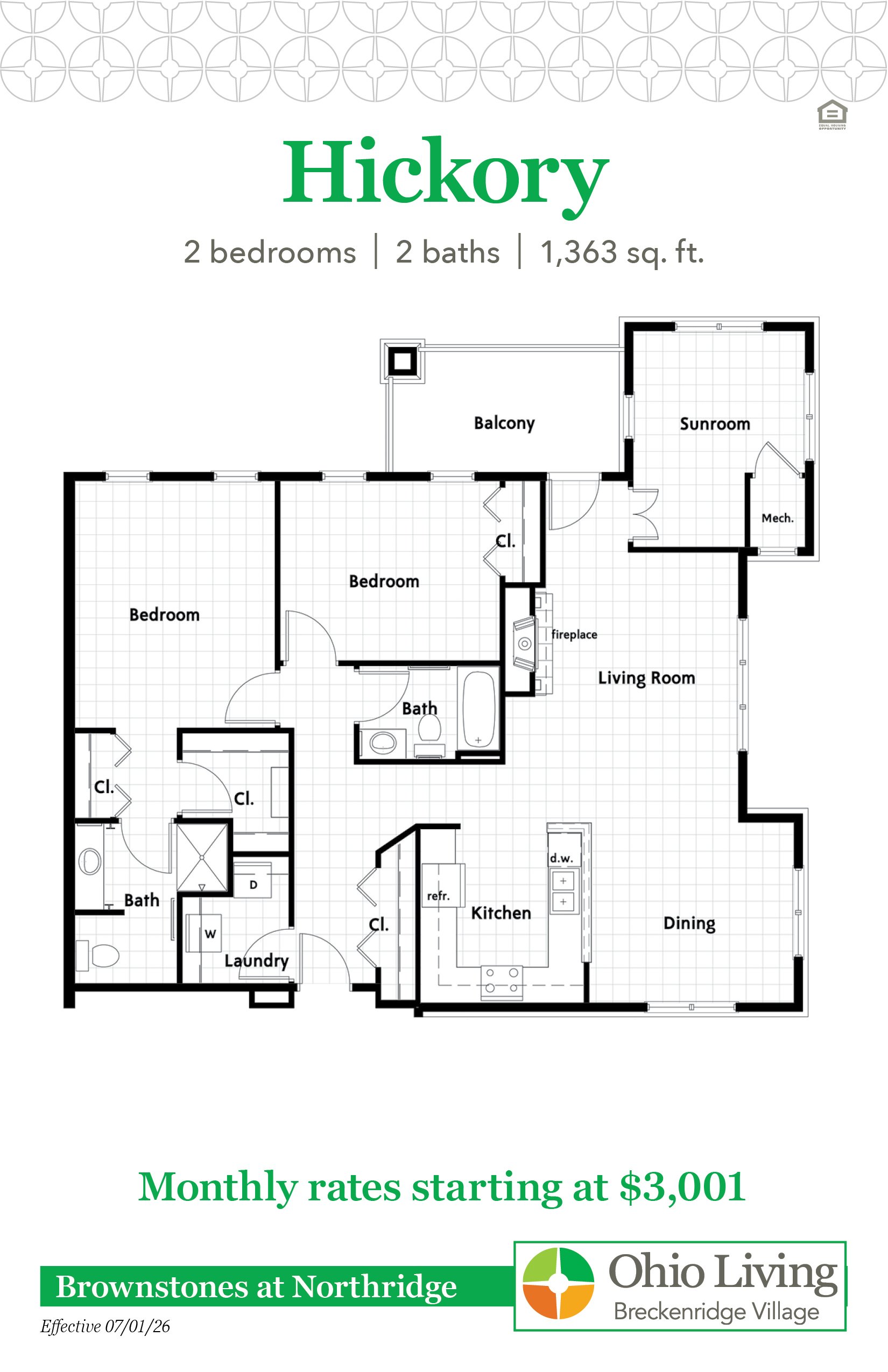 Floor plan of a 1,363 sq ft two‑bedroom, two‑bath home with living room, sunroom, balcony, kitchen, dining, laundry, and closets. Monthly rates start at $3,001.