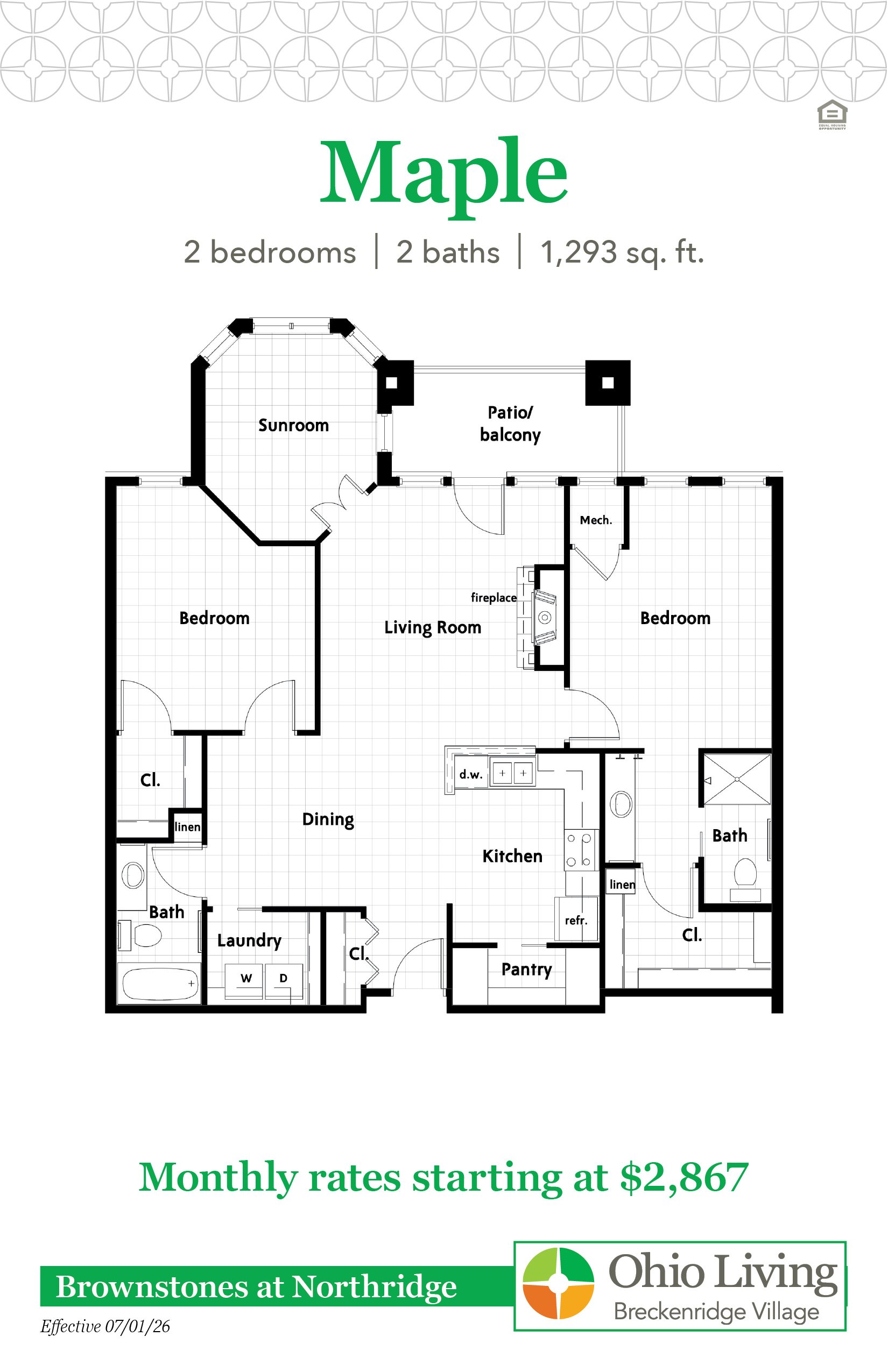 Floor plan of a 1,293 sq ft two‑bedroom, two‑bath home with living room, sunroom/patio, kitchen, dining, laundry, and closets. Monthly rates start at $2,867.