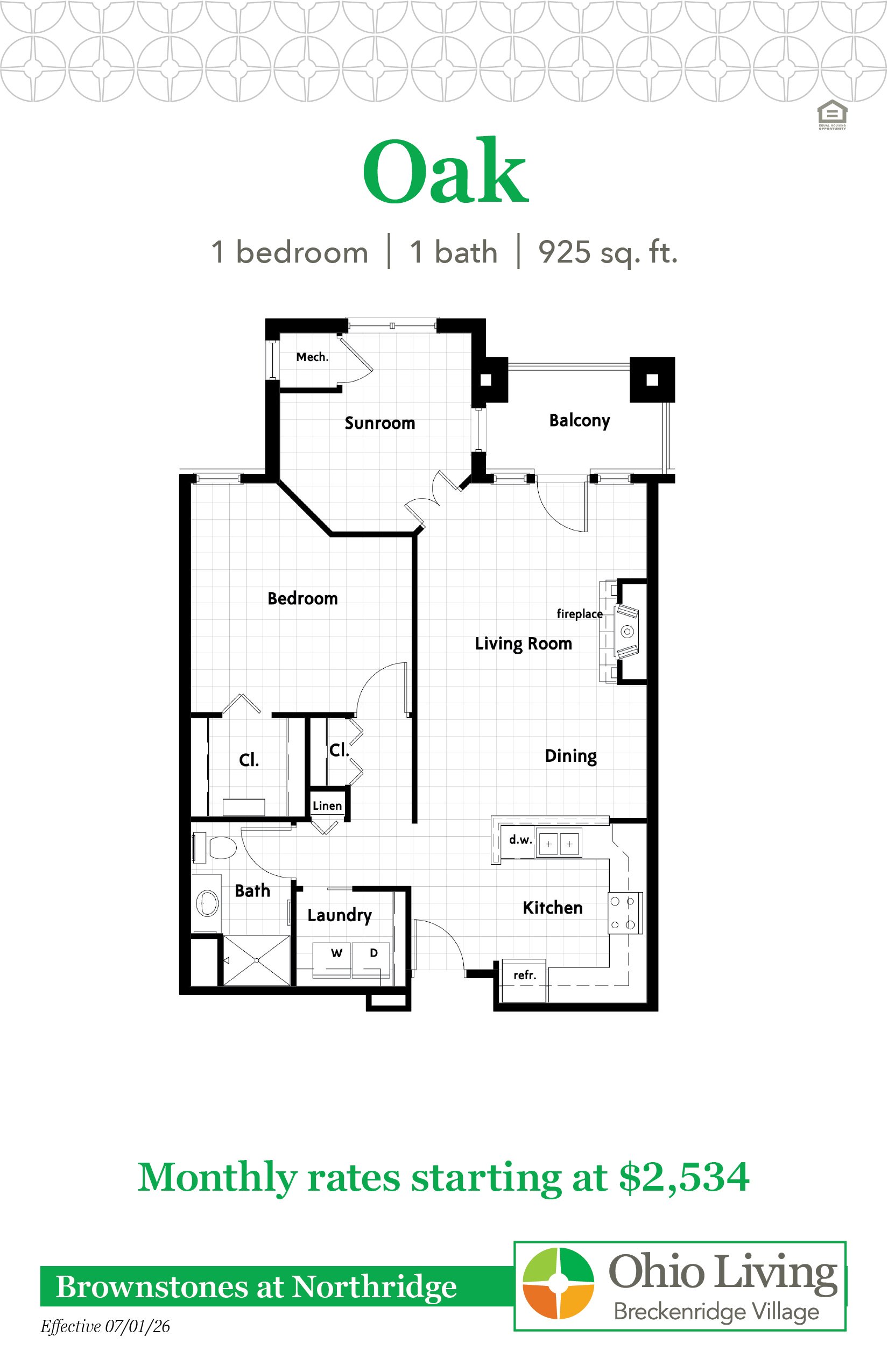 Floor plan of a 925 sq ft one‑bedroom home with living room, sunroom, balcony, kitchen, dining, bath, laundry, and closets. Monthly rates start at $2,534.