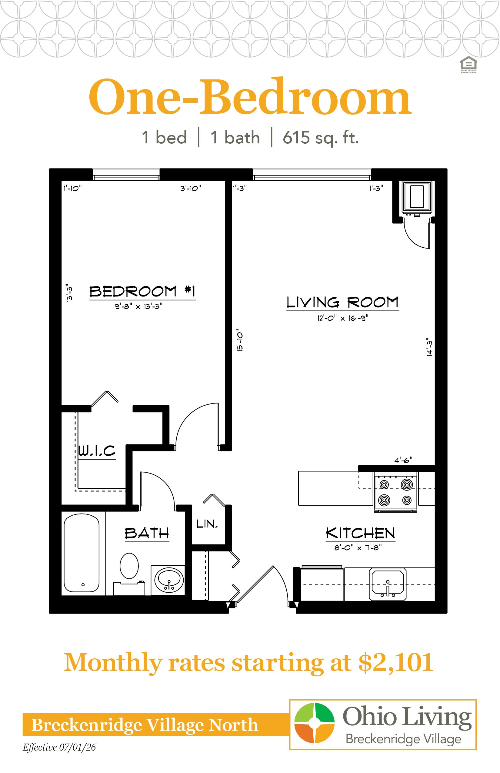 Floor plan of a 615 sq ft one‑bedroom apartment with living room, kitchen, bath, walk‑in closet, and dinette. Monthly rates start at $2,101.