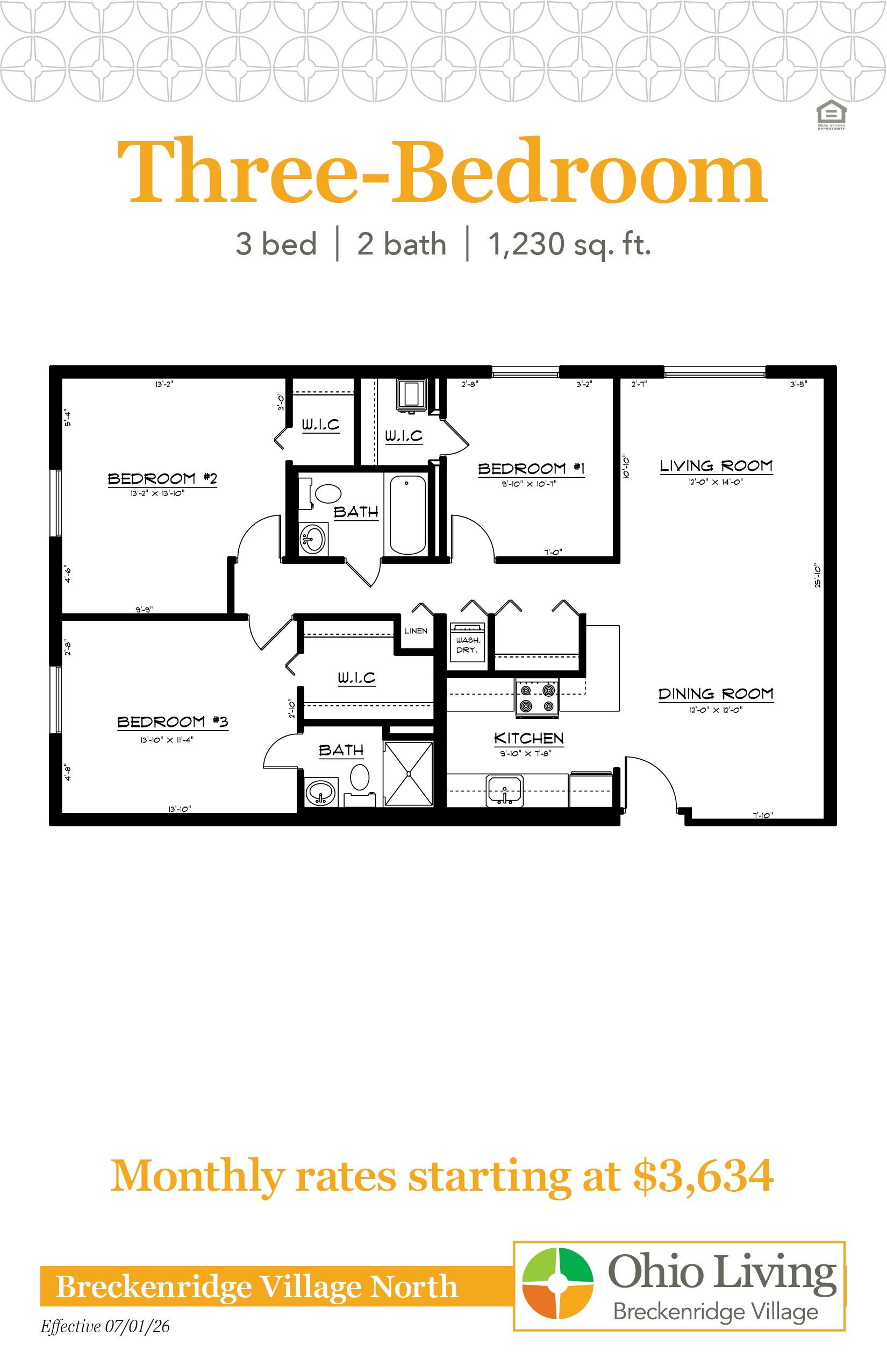 Floor plan of a 1,230 sq ft three‑bedroom, two‑bath apartment with living room, dining room, kitchen, laundry, and closets. Monthly rates start at $3,634.