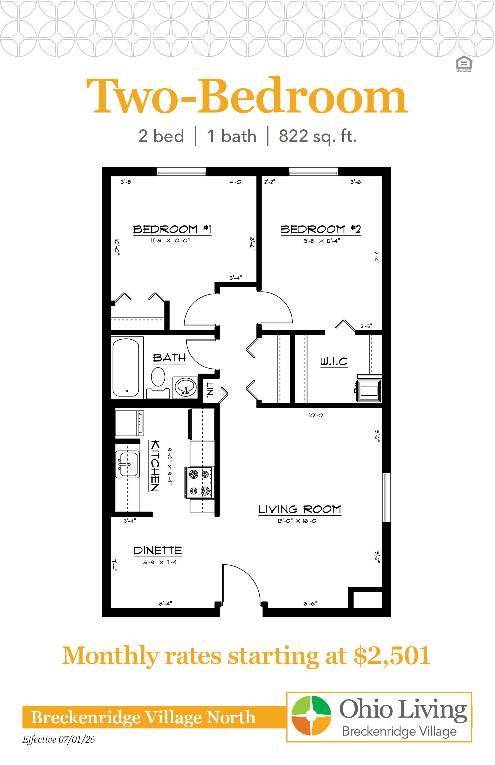 Floor plan of an 822 sq ft two‑bedroom, one‑bath apartment with living room, kitchen, dinette, bath, and closets. Monthly rates start at $2,501.