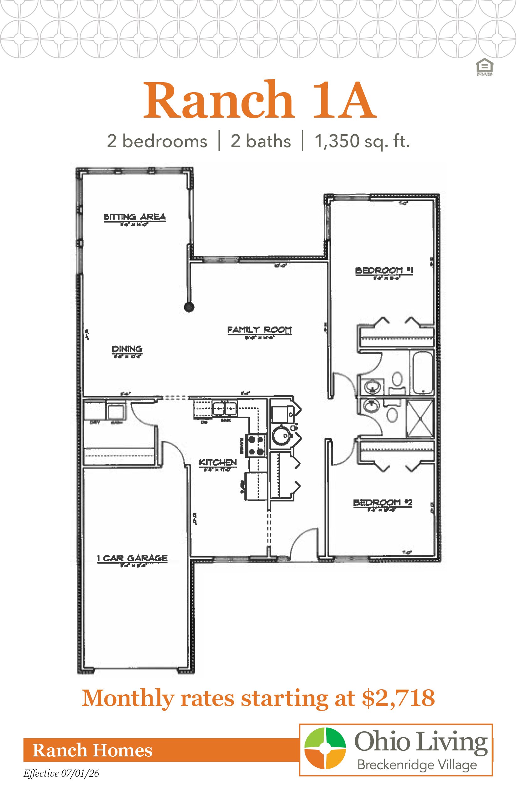Floor plan of a 1,350 sq ft two‑bedroom, two‑bath ranch with family room, dining, kitchen, sitting area, and one‑car garage. Monthly rates start at $2,718.