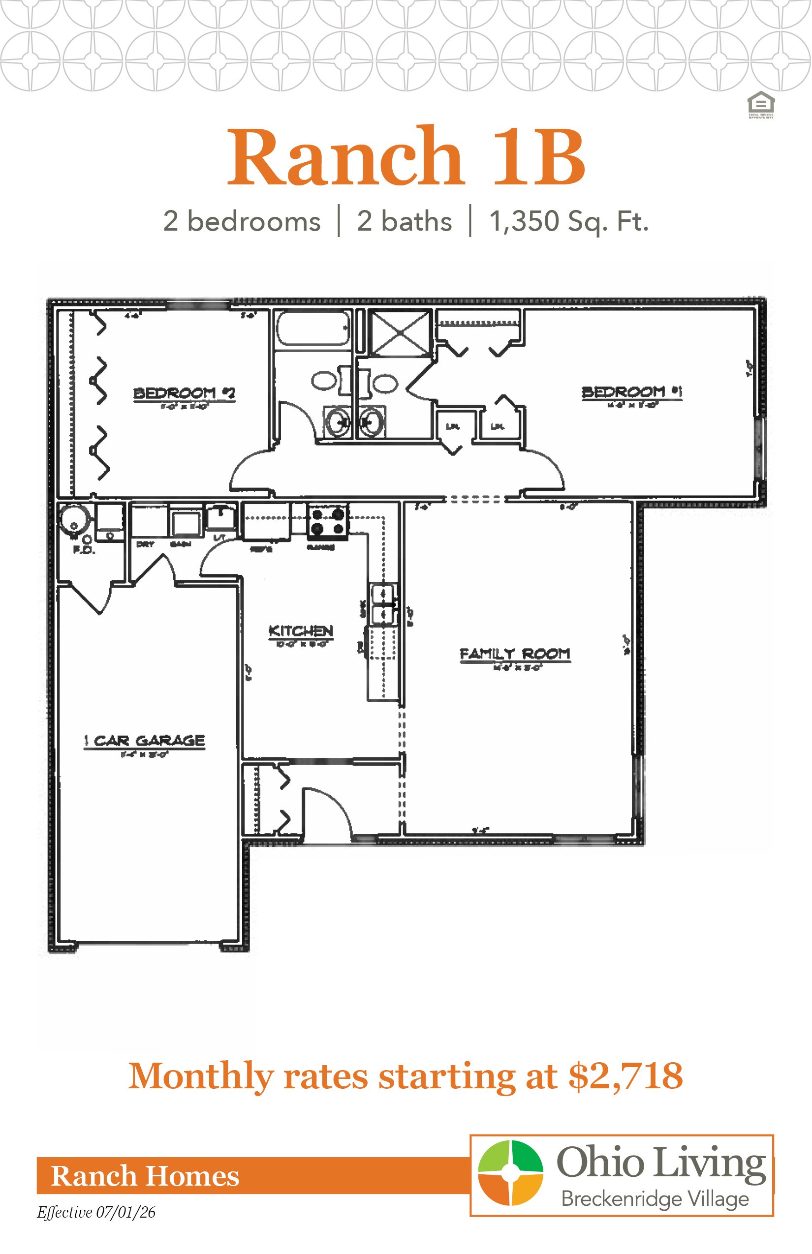 Floor plan of a 1,350 sq ft two‑bedroom, two‑bath ranch with family room, kitchen, dining, and one‑car garage. Monthly rates start at $2,718.