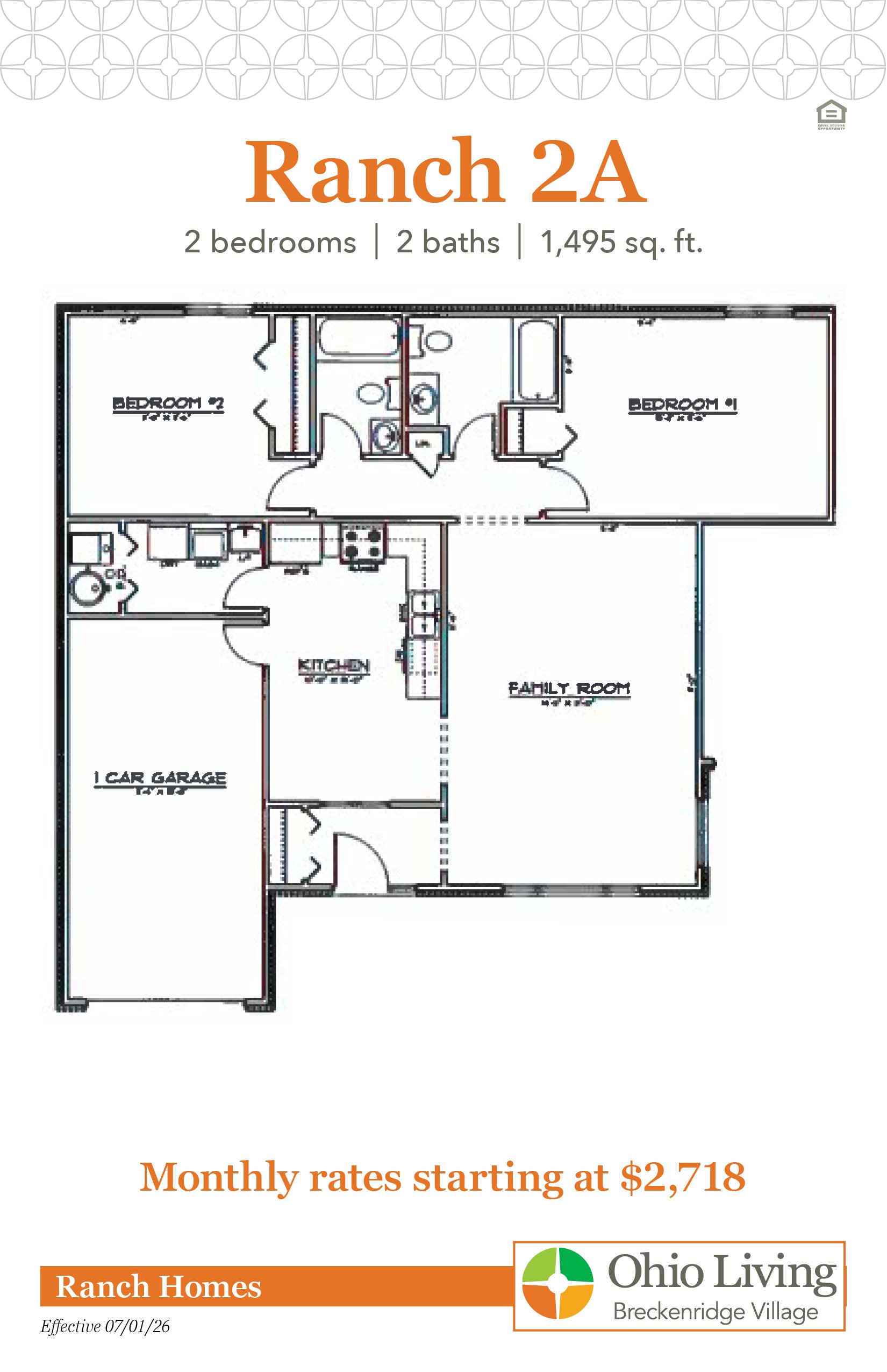 Floor plan of a 1,495 sq ft two‑bedroom, two‑bath ranch with family room, kitchen, and one‑car garage. Monthly rates start at $2,718.