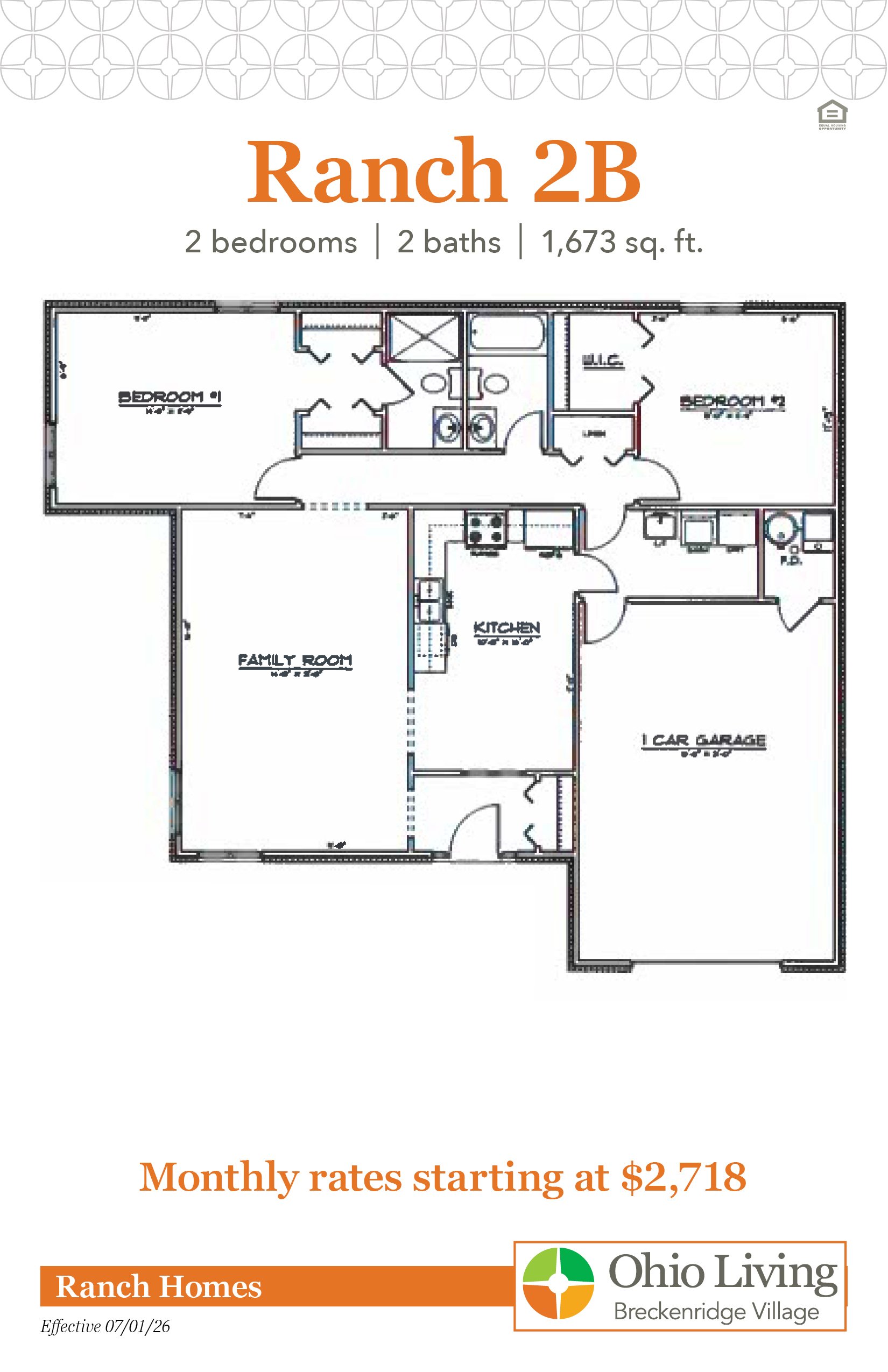 Floor plan of a 1,673 sq ft two‑bedroom, two‑bath ranch with family room, kitchen, and one‑car garage. Monthly rates start at $2,718.